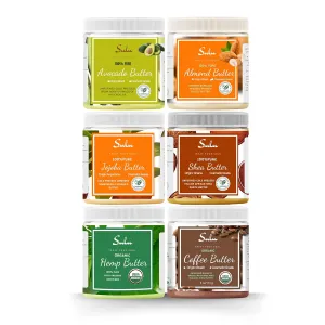 SULU ORGANICS Set of 6 Cold Pressed Body Butters ideal gift set for any occasion, contains: Avocado Butter,Almond Butter, Hemp seed Butter, Coffee Bean Butter, Shea Butter Unrefined, Jojoba Butter