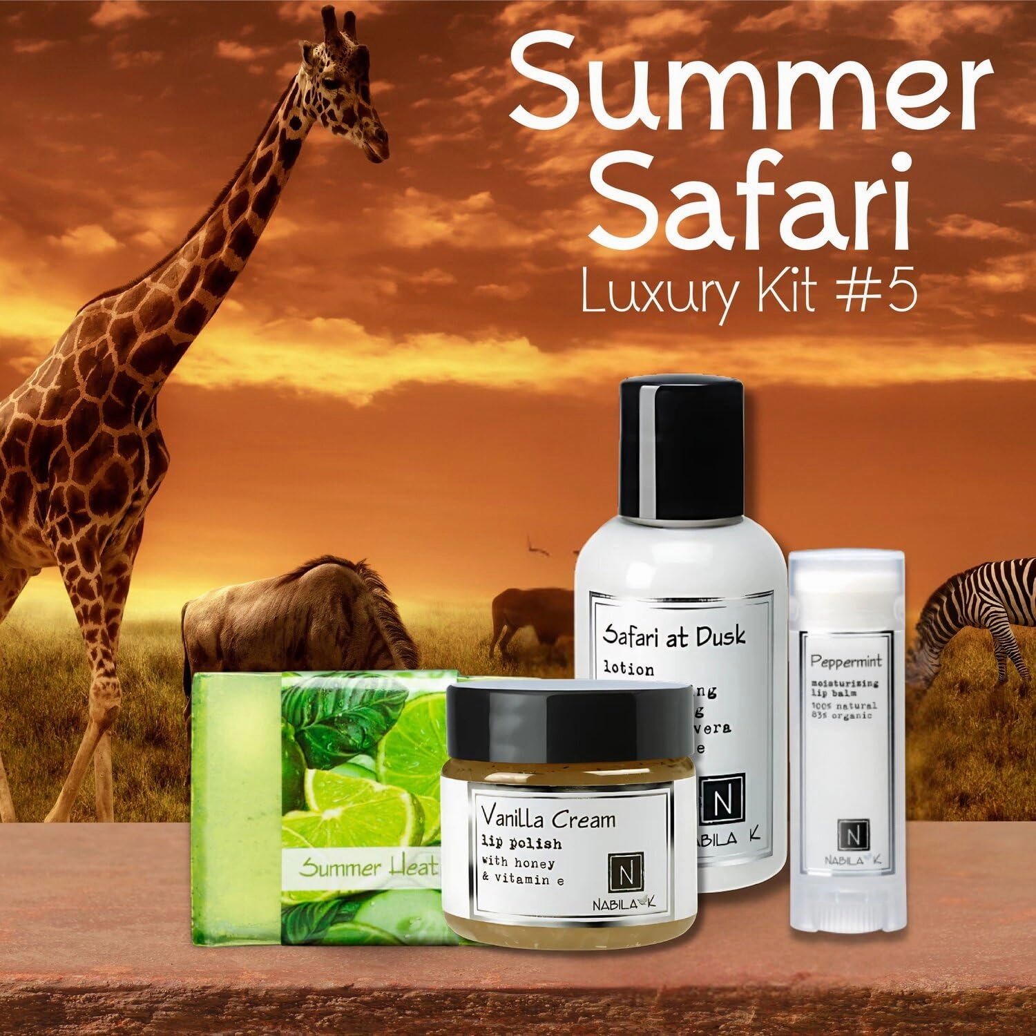 Summer Safari Gift Set – Includes Summer Heat Soap, Safari at Dusk Body Lotion, Vanilla Cream Lip Polish & Peppermint Lip Balm – Luxury Bath & Body Kit for Women & Men – Ready-to-Gift Spa Box