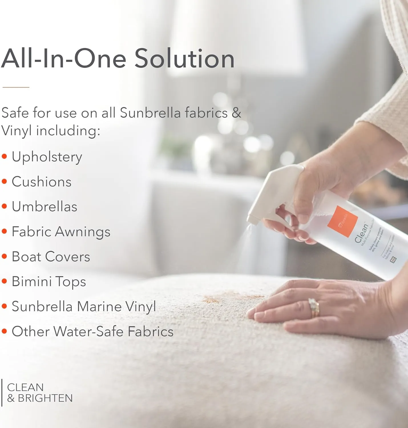 Sunbrella Clean Multi-Purpose Fabric Cleaner | All-in-One Solution for Water-Safe Fabrics and Vinyl | Upholstery Cleaner, Removes Stains & Spills | Non-PFAS | 32 fl oz