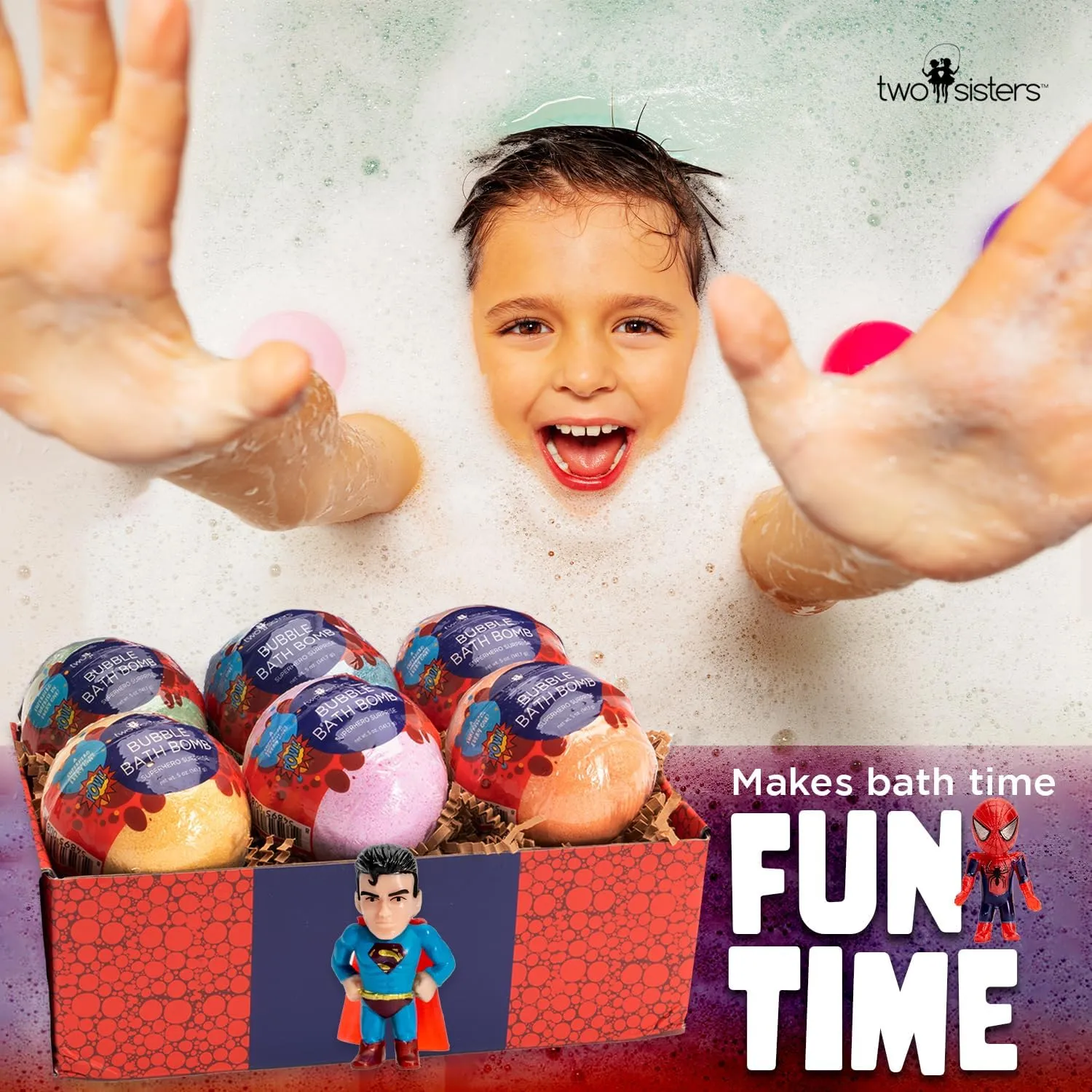 Superhero Bath Bombs for Kids with Surprise Toys Inside (6 Pack) - Large Bubble Bomb Fizzies for Boys, Girls, & Toddlers - Fruity Scents, Relaxing Aromas, Made in USA, Birthday Gift by Two Sisters