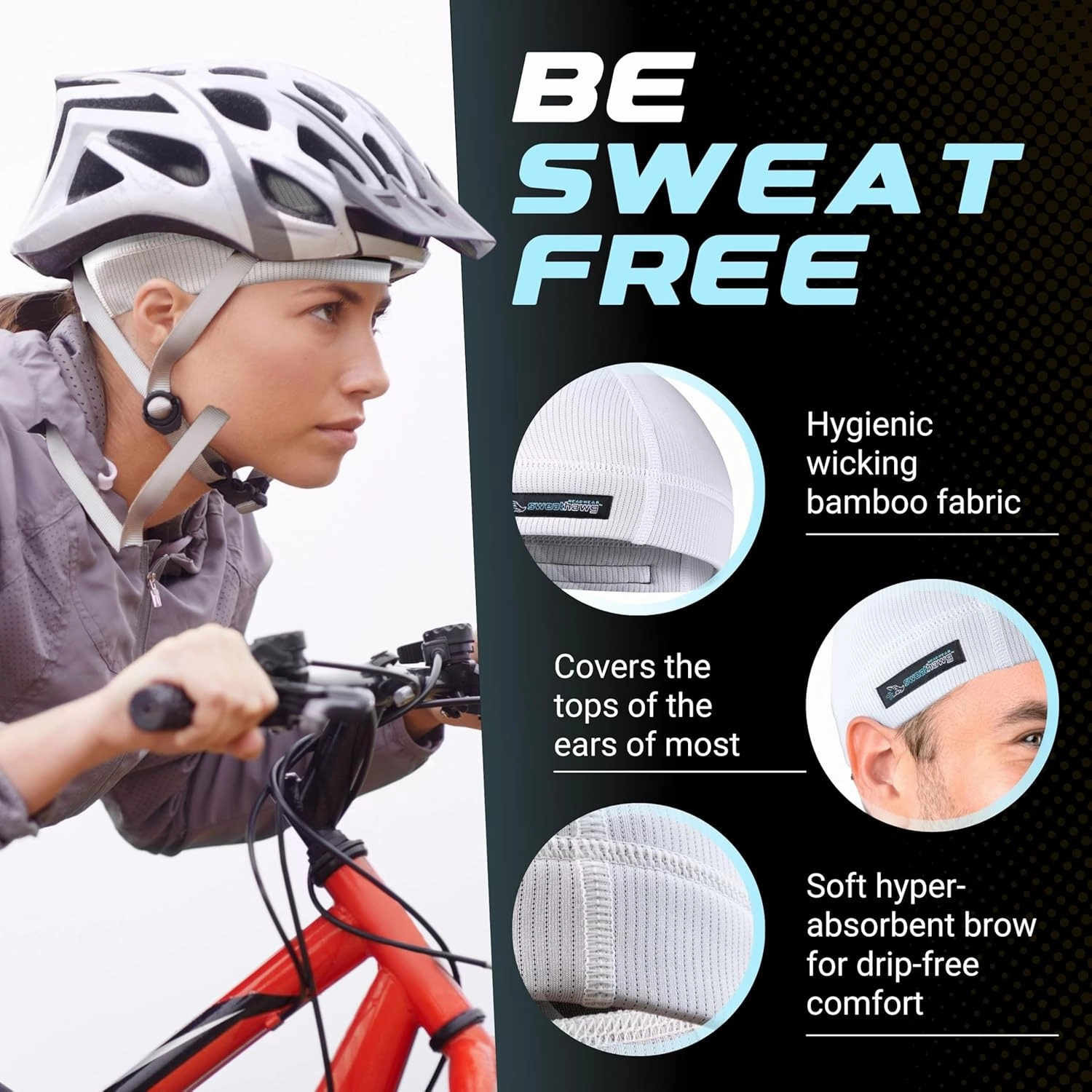 SweatHawg Skull Cap Shorty – Black Helmet Liner for Men & Women, Ultra-Absorbent No-Drip Cooling Cap for Hard Hats & Workouts