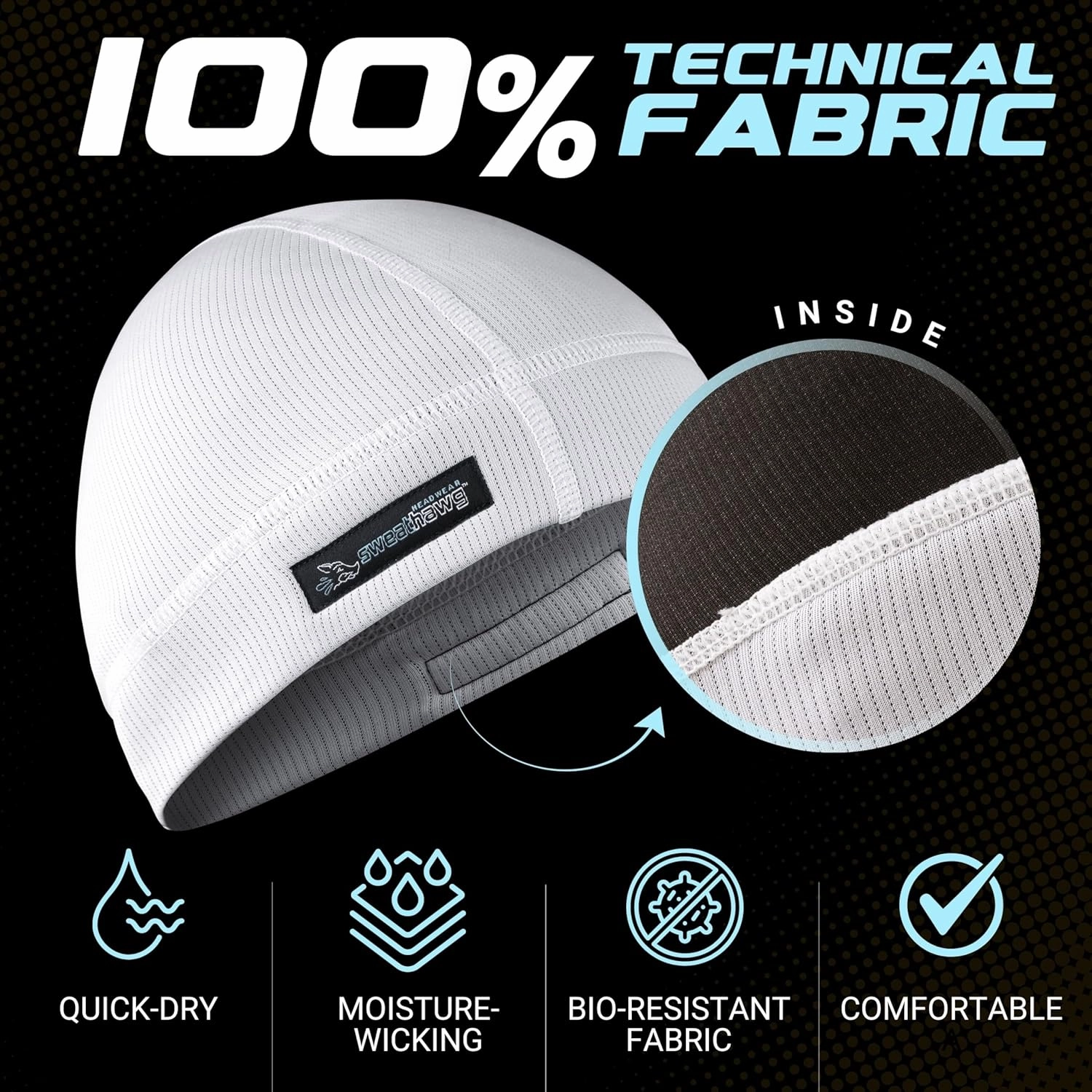 SweatHawg Skull Cap Shorty – Black Helmet Liner for Men & Women, Ultra-Absorbent No-Drip Cooling Cap for Hard Hats & Workouts