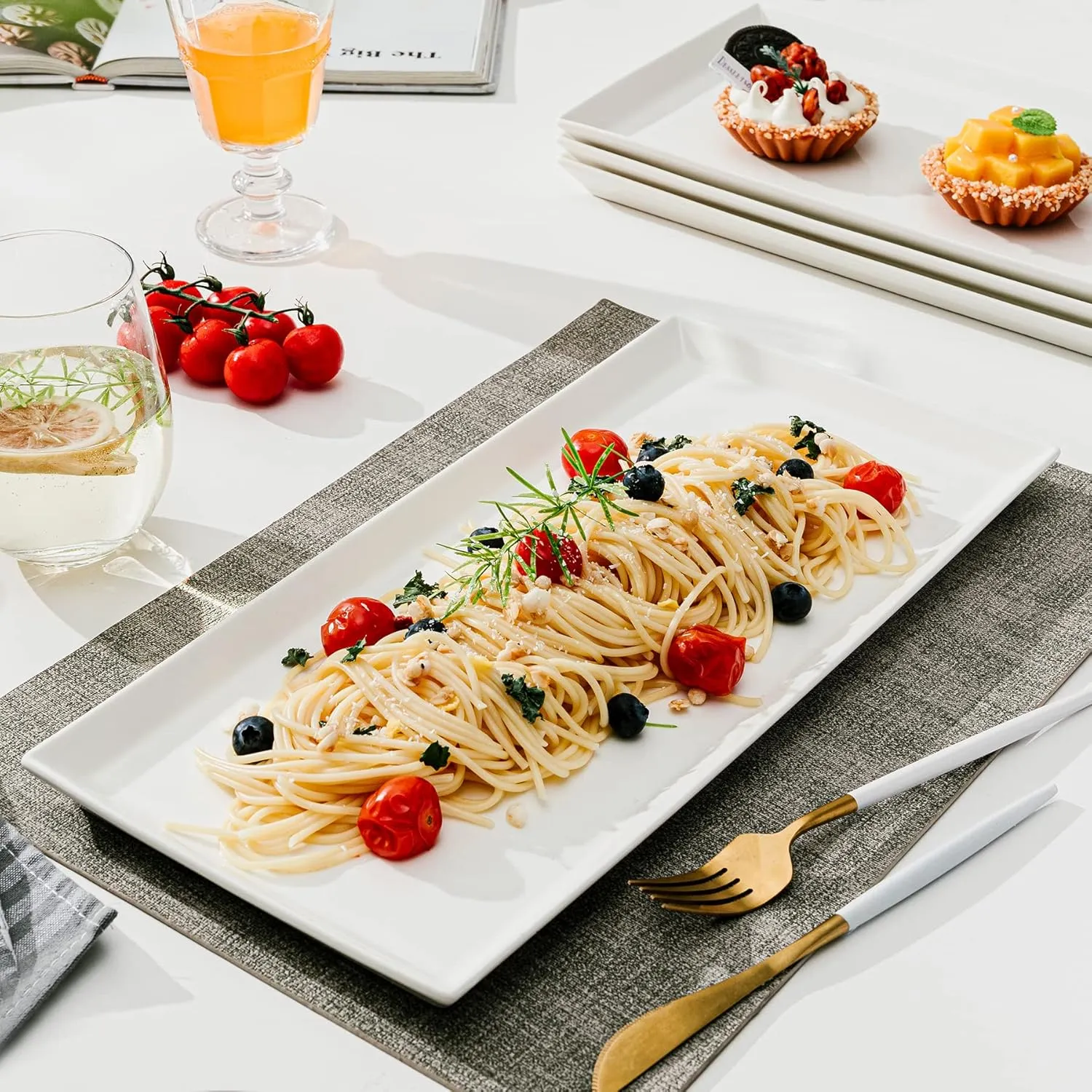 Sweese White Serving Platters, Porcelain Serving Trays for Parties, Large Rectangular Plates - 15.5 Inch, Set of 4
