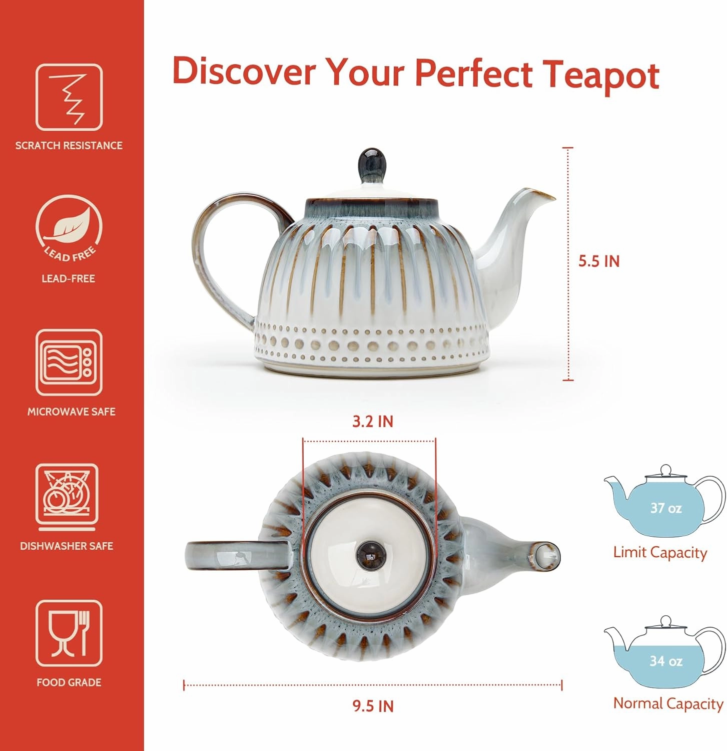 Sweese Ceramic Teapot, Beaded Retro Flower Glaze, 1100ml/37 oz Large Tea Pot for Loose Tea or Bags, Enough for 4 Cups, Nebula Blue