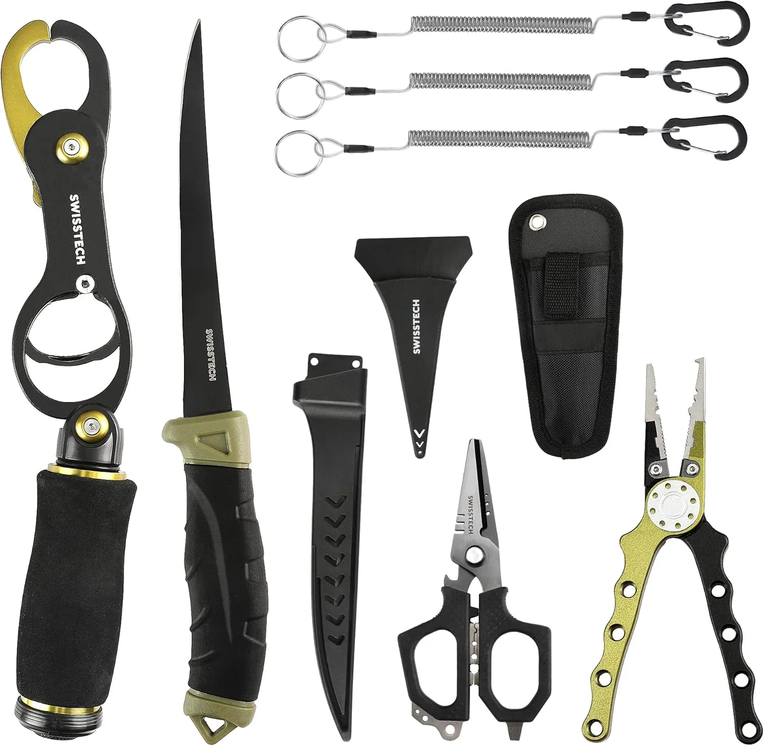 Swiss Tech Fishing Tool Kit, Fish Gripper with Scale, Muti-Function Fishing Pliers, Braided Line Scissors, Fishing Gear with Safety Coiled Lanyard, Fishing Gifts for Anglers…
