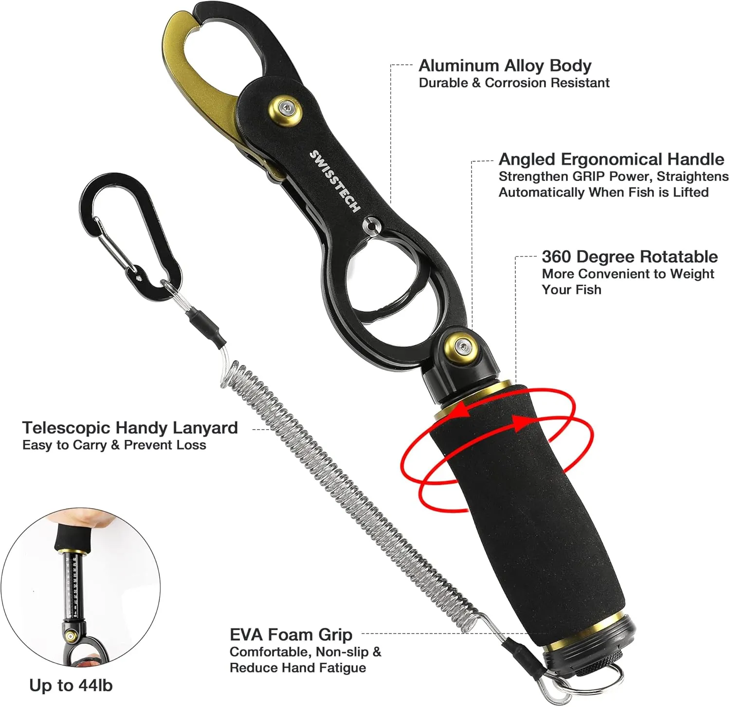 Swiss Tech Fishing Tool Kit, Fish Gripper with Scale, Muti-Function Fishing Pliers, Braided Line Scissors, Fishing Gear with Safety Coiled Lanyard, Fishing Gifts for Anglers…