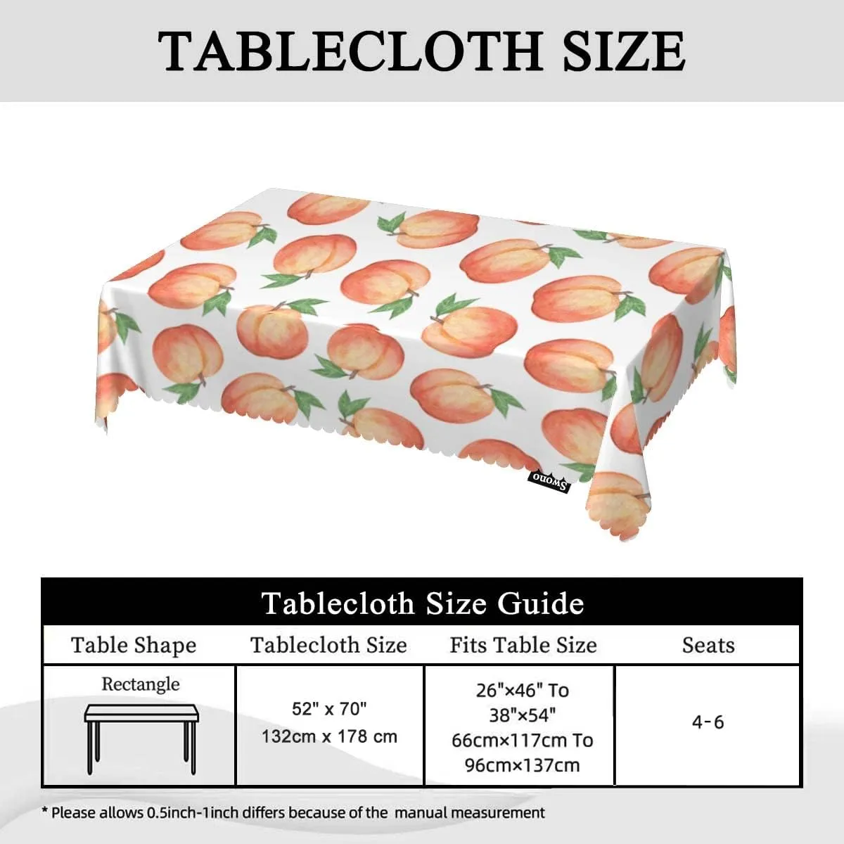 Swono Peach Table Cloth Rectangle Tables Watercolor Fruit Peaches Kitchen Table Cover Oblong 52"X70" Tablecloth for Dining Table Buffet Parties Patio and Camping, Pink