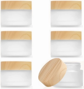 Sxminer 6 PCS 50 Gram Empty Glass Jars Bottles Frosted Glass Cream Jar 50ml Refillable Cosmetic Containers Empty Sample Jar Wood Grain Lids Travel Pot Jars for Makeup Lip Scrub Balm Face Creams Lotion