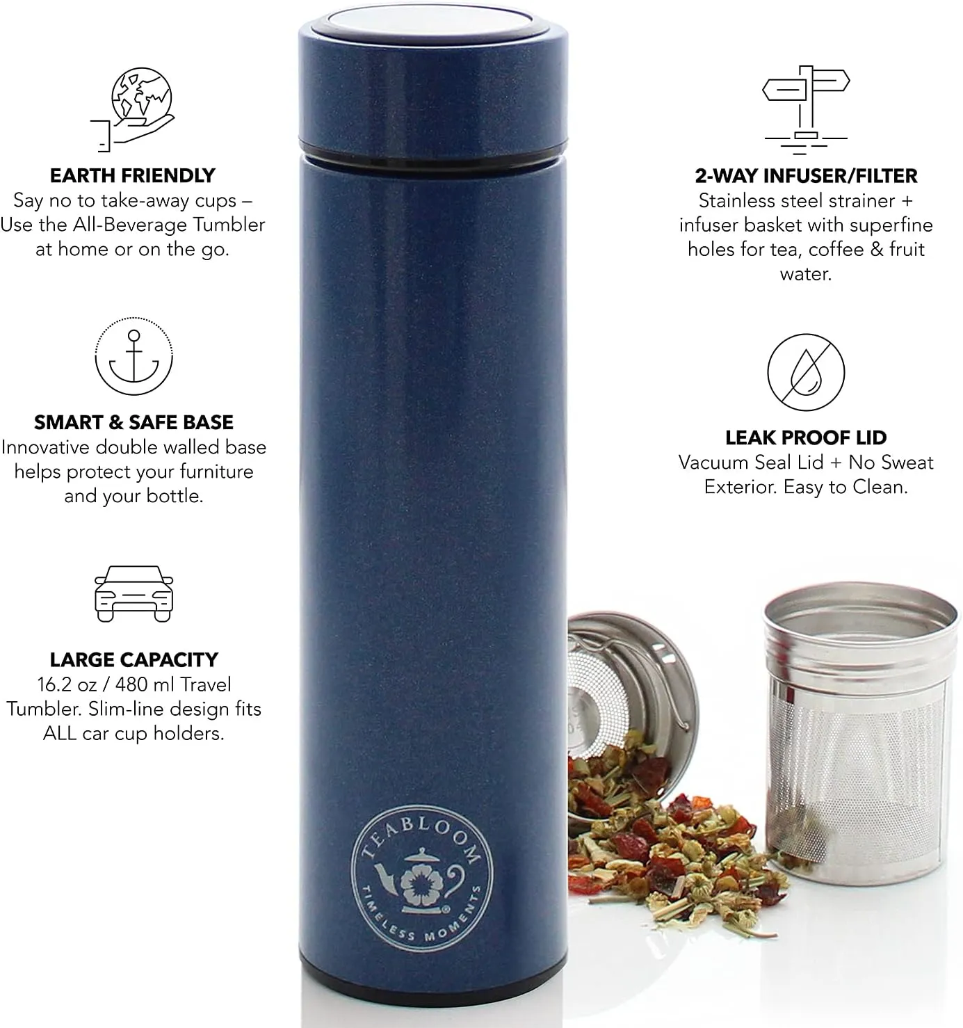Teabloom - The ORIGINAL All-Brew Travel Tumbler & Thermos | OPRAH’s Favorite | 16oz/480ml Insulated Water Bottle/Tea Flask/Cold Brew Coffee Mug