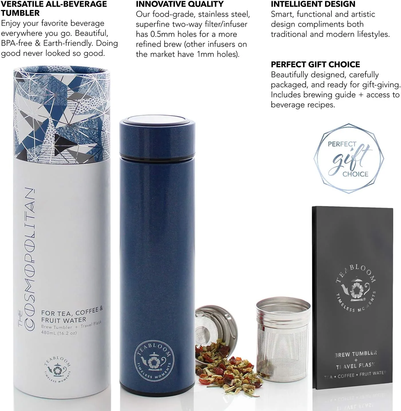 Teabloom - The ORIGINAL All-Brew Travel Tumbler & Thermos | OPRAH’s Favorite | 16oz/480ml Insulated Water Bottle/Tea Flask/Cold Brew Coffee Mug