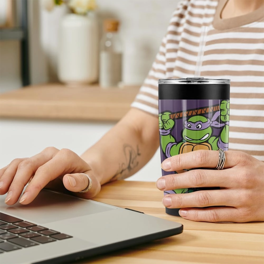 Teenage Mutant Ninja Turtles TMNT Donnie And Logo Stainless Steel Tumbler with Straw and Flip Lid 20 oz Travel Mug/Cup, Vacuum Insulated & Double Wall with Leakproof Dual Lid
