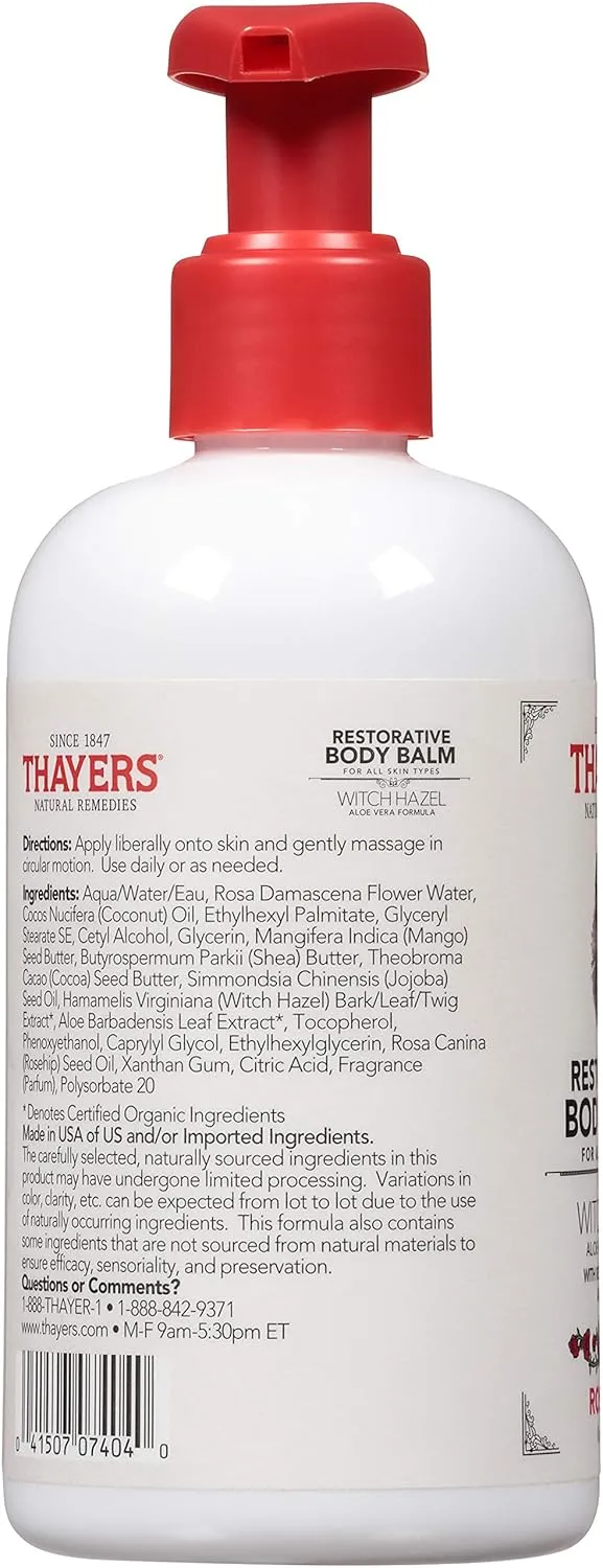 THAYERS Rose Petal Restorative Body Balm, Moisturizing Body Lotion, 8 Oz