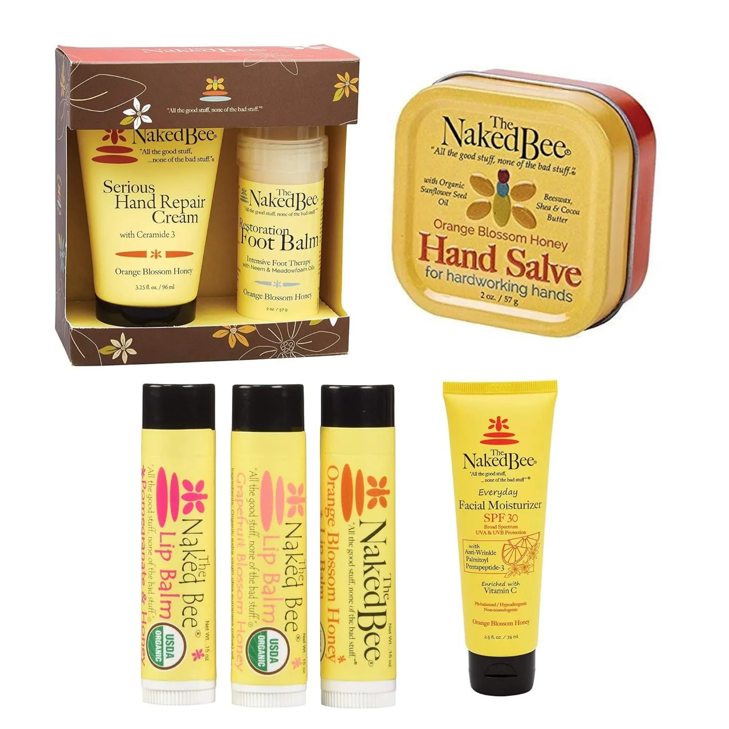 The Naked Bee 2.5oz Vitamin C Facial Moisturizer SPF 30   Lip Balm in Orange Blossom Honey   Hand & Cuticle Healing Salve   Orange Blossom Honey Serious Restoration For Hands & Feet Gift Set