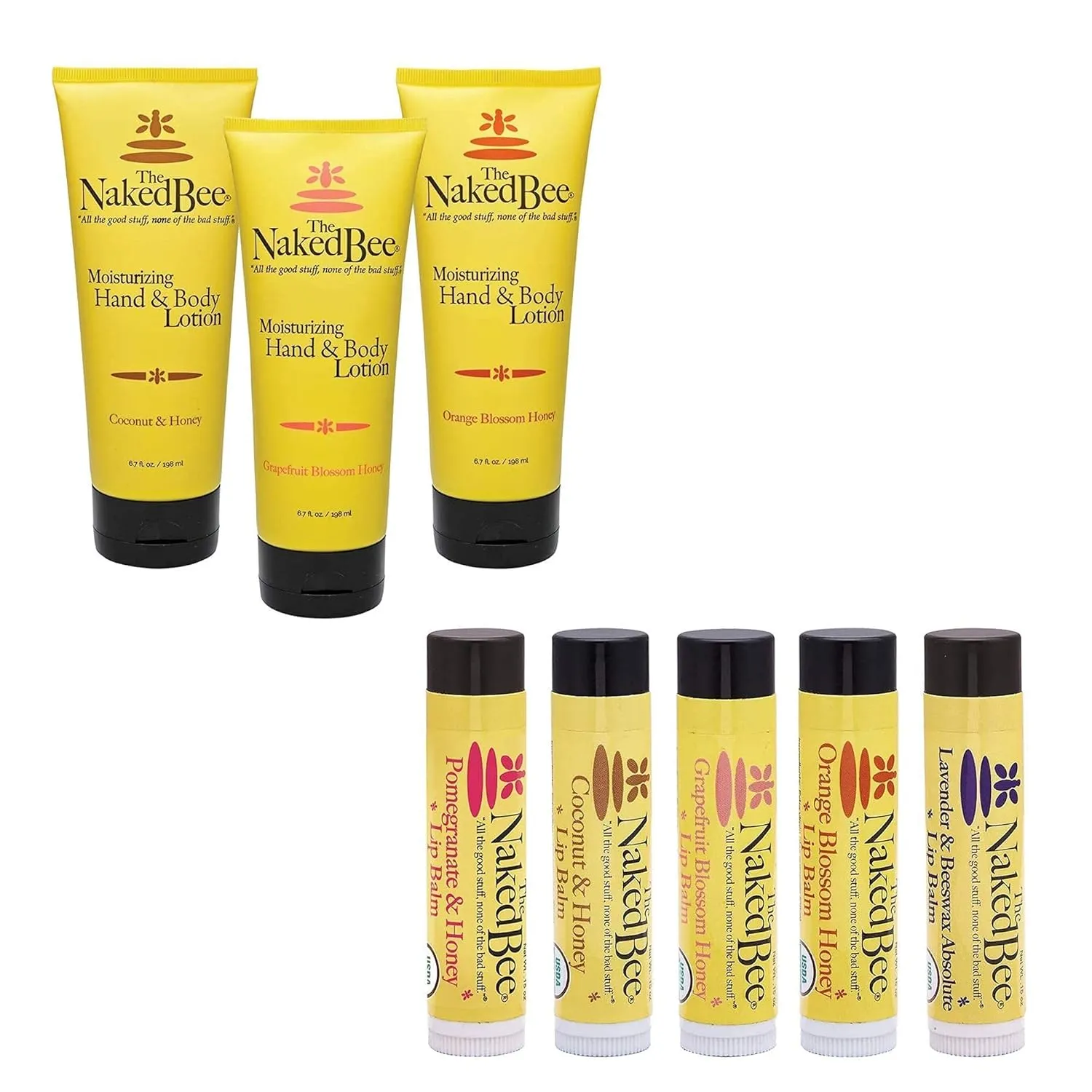 The Naked Bee Orange Blossom Honey, Grapefruit Blossom Honey and Coconut Honey, Hand & Body Lotion, 6.7 Oz - 3 Pack   Lip Balm Sampler, Coconut & Honey, Pomegranate & Honey, Grapefruit Blossom Honey