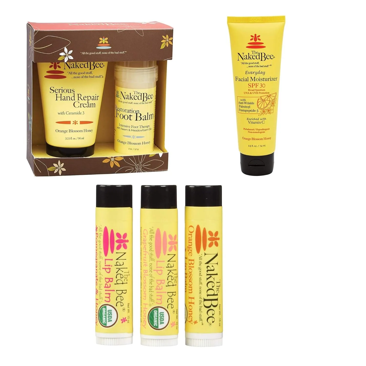 The Naked Bee Orange Blossom Honey Serious Restoration For Hands & Feet Gift Set   2.5oz Vitamin C Facial Moisturizer SPF 30   Lip Balm in Orange Blossom Honey, Grapefruit Blossom Honey 0.15oz