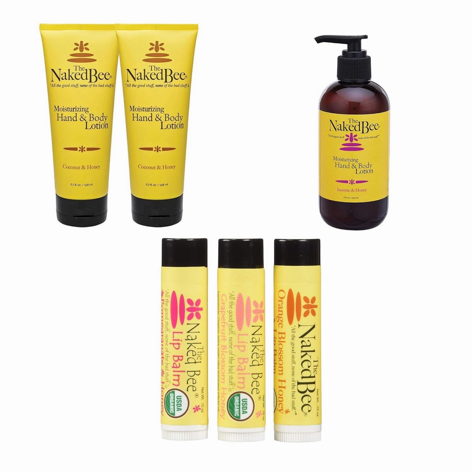 The Naked Bee Lip Balm in Orange Blossom Honey, Grapefruit Blossom Honey, and Pomegranate & Honey 0.150z   Jasmine & Honey 8oz   Coconut & Honey Moisturizing Hand & Body Lotion 6.7oz