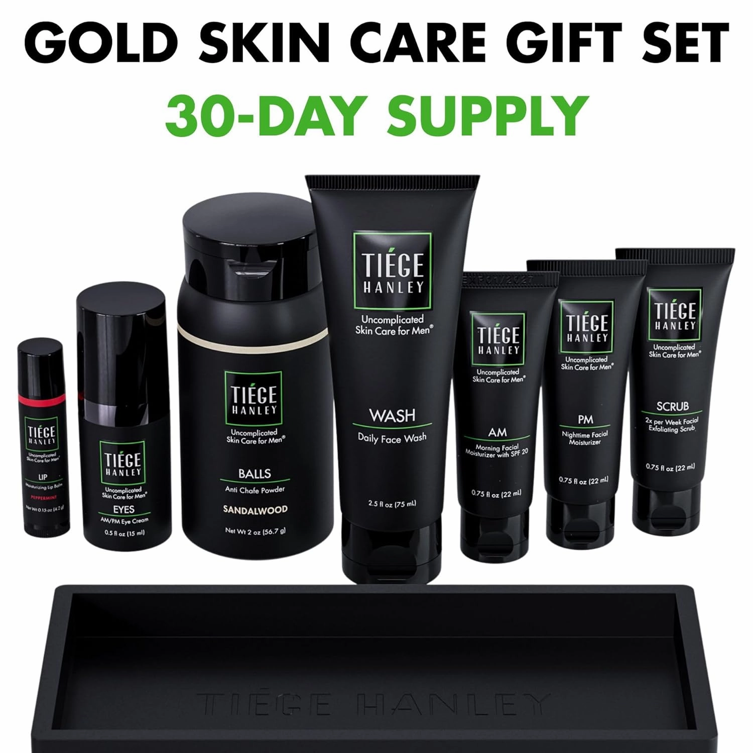 Tiege Hanley Men’s Skin Care Gift Set – Best Father’s Day Gift for Dad – Gold Grooming Kit Includes Face Wash, Scrub, AM/PM Moisturizers, Eye Cream, Body Powder, Lip Balm & Organizer Tray