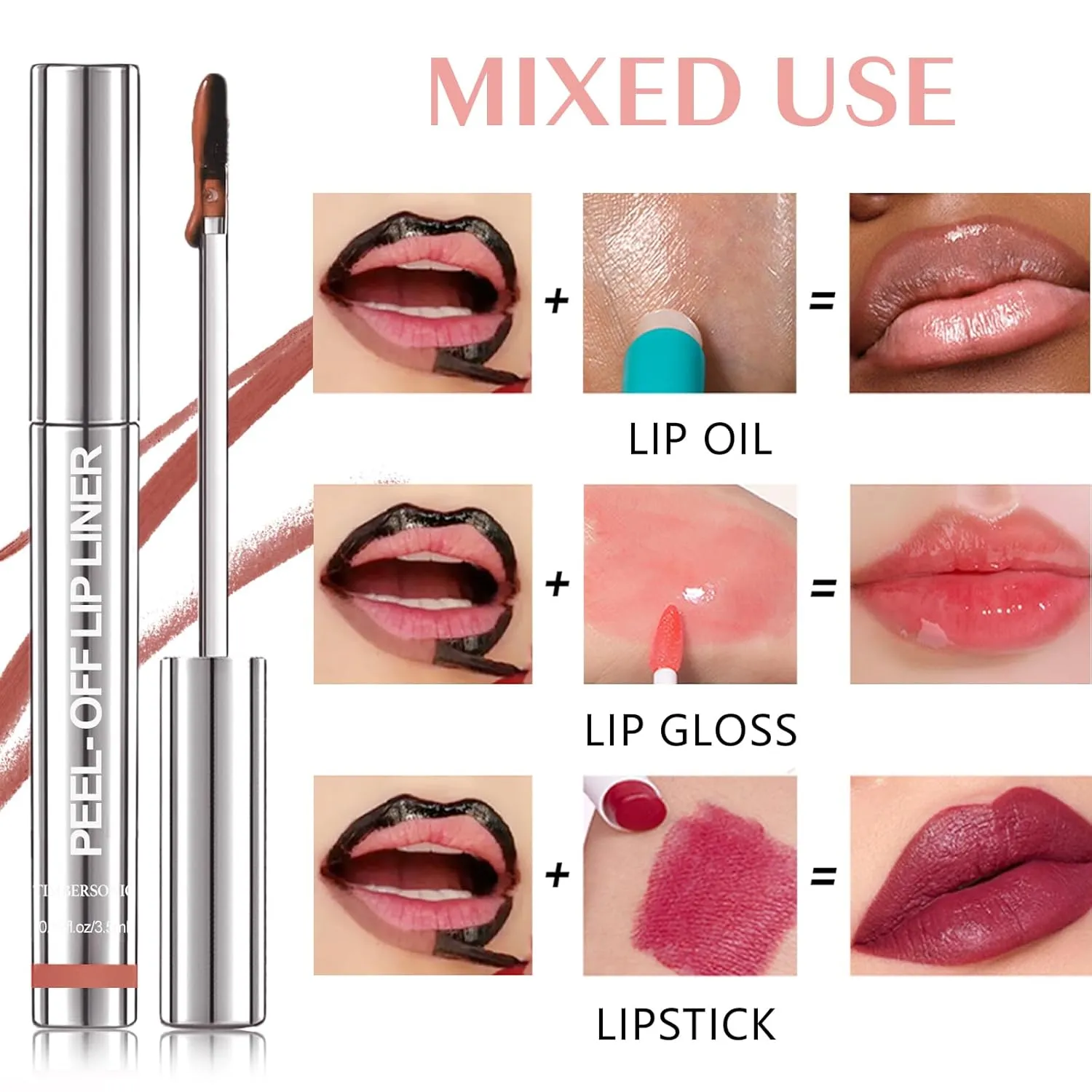 Timbersonic Peel off Lip Liner, Timbersonic Peel off Lip Stain, 8 Colors Lip Stain Peel off Tint Tattoo Color Waterproof Long-Lasting, No Smudging, Non-Stick Cup (#01 03 06)