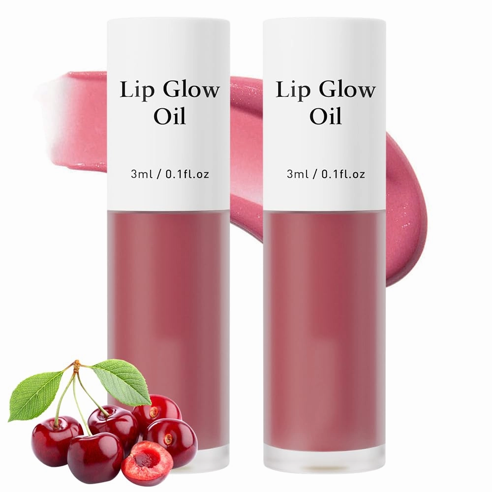 Tinted Lip Glow Oil - For Lush, Hydrated Lips with a Natural Glow,Sticky Long-Lasting Shiny Fruit Flavor Lip Stain,Moisturizing Plumping Revitalizing for Dry Lips (04#Cherry, 2 PCS)