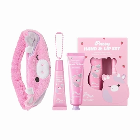 TONYMOLY x Squishmallow Easter Basket Stuffer Patty the Cow 2 PC Hand Cream & Lip Gloss Set & Patty Soft Plush Headband, Hair Accessory for Washing Face, Make Up Application