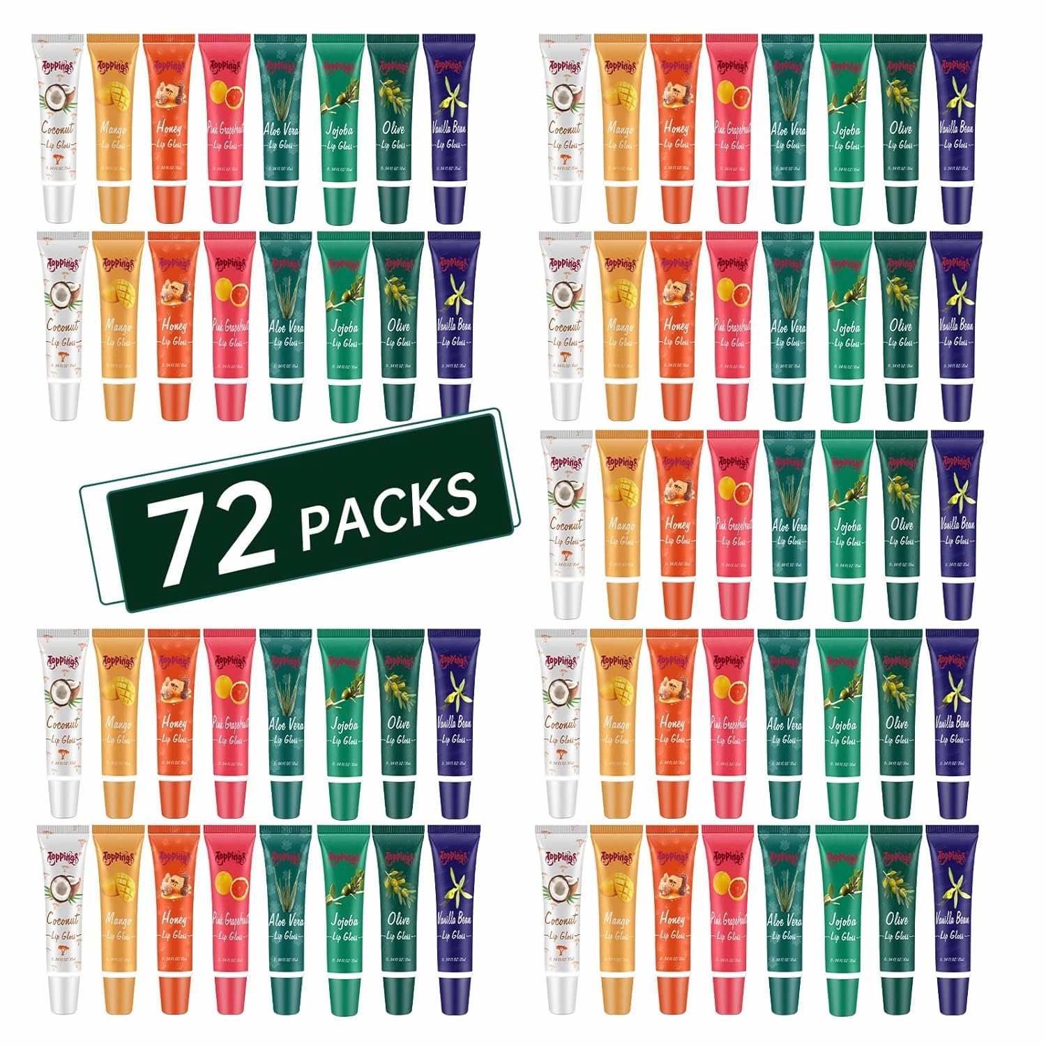 Toppings Moisturizing Lip Balm - 72PCS Fruit Flavors with Mango, Pink Grapefruit, Coconut, Vanilla Bean, Honey, Olive, Jojoba, Aloe Vera, Ultra-Nourishing Lip Care Moisturizer