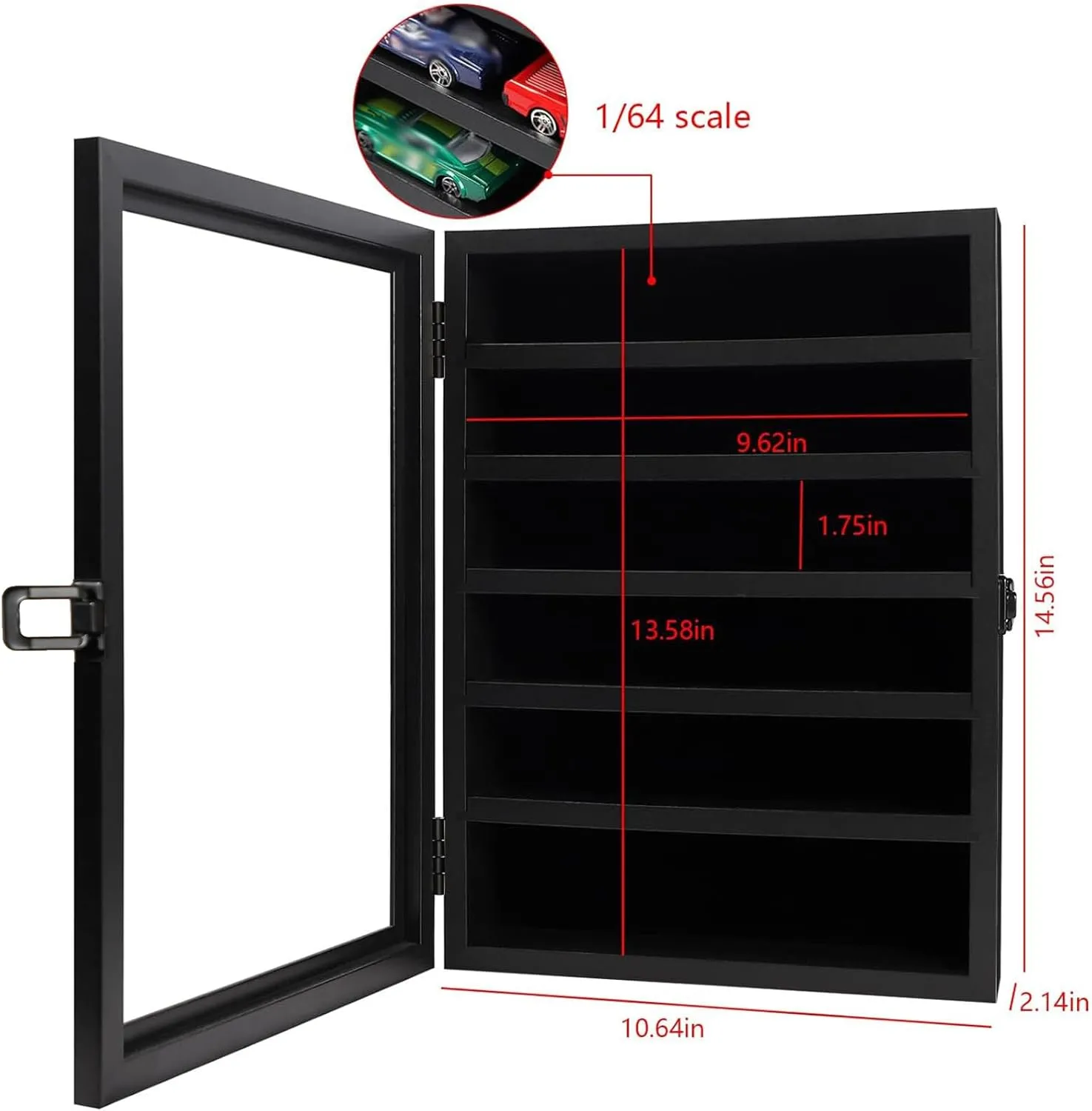 Toy Cars Display Case 1/64 Scale Diecast Car Display Case Wall Mount Model Car Display Storage Cabinet Lockable with Real Glass & Removable Shelf Rack -Black