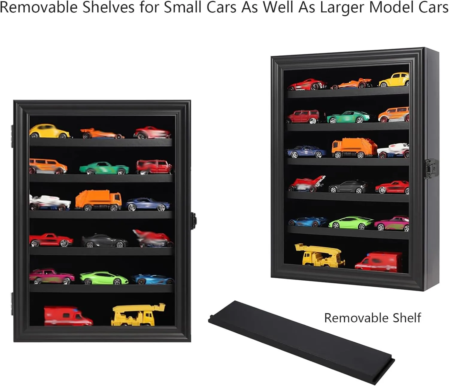 Toy Cars Display Case 1/64 Scale Diecast Car Display Case Wall Mount Model Car Display Storage Cabinet Lockable with Real Glass & Removable Shelf Rack -Black