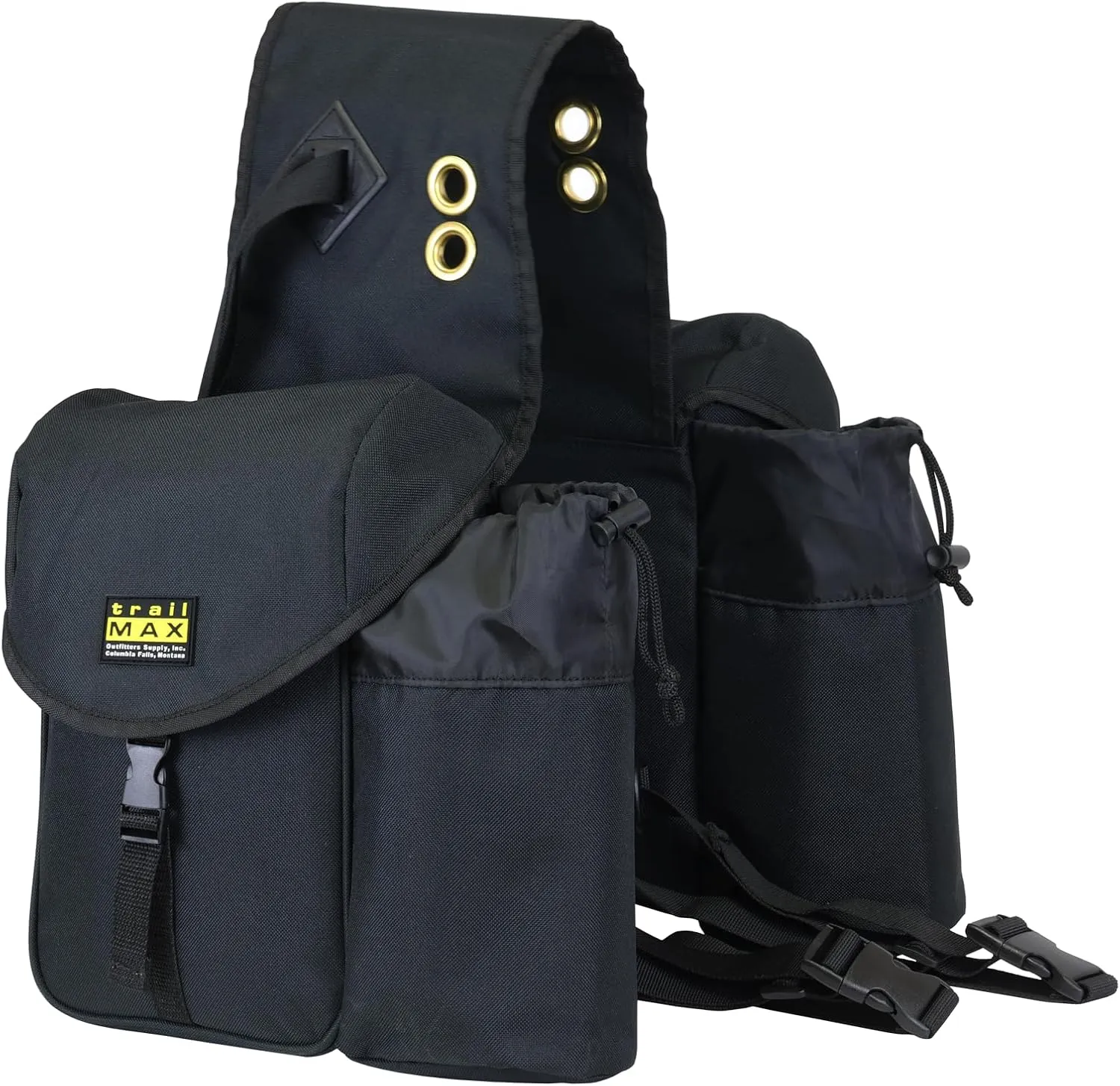 TrailMax Big Sky Saddlebags; Equine Saddle Bags with Two Water Bottle Holders; Rear Saddle Bags for Trail Riding on Horseback; Durable and Strong Nylon; Designed in Montana; Black