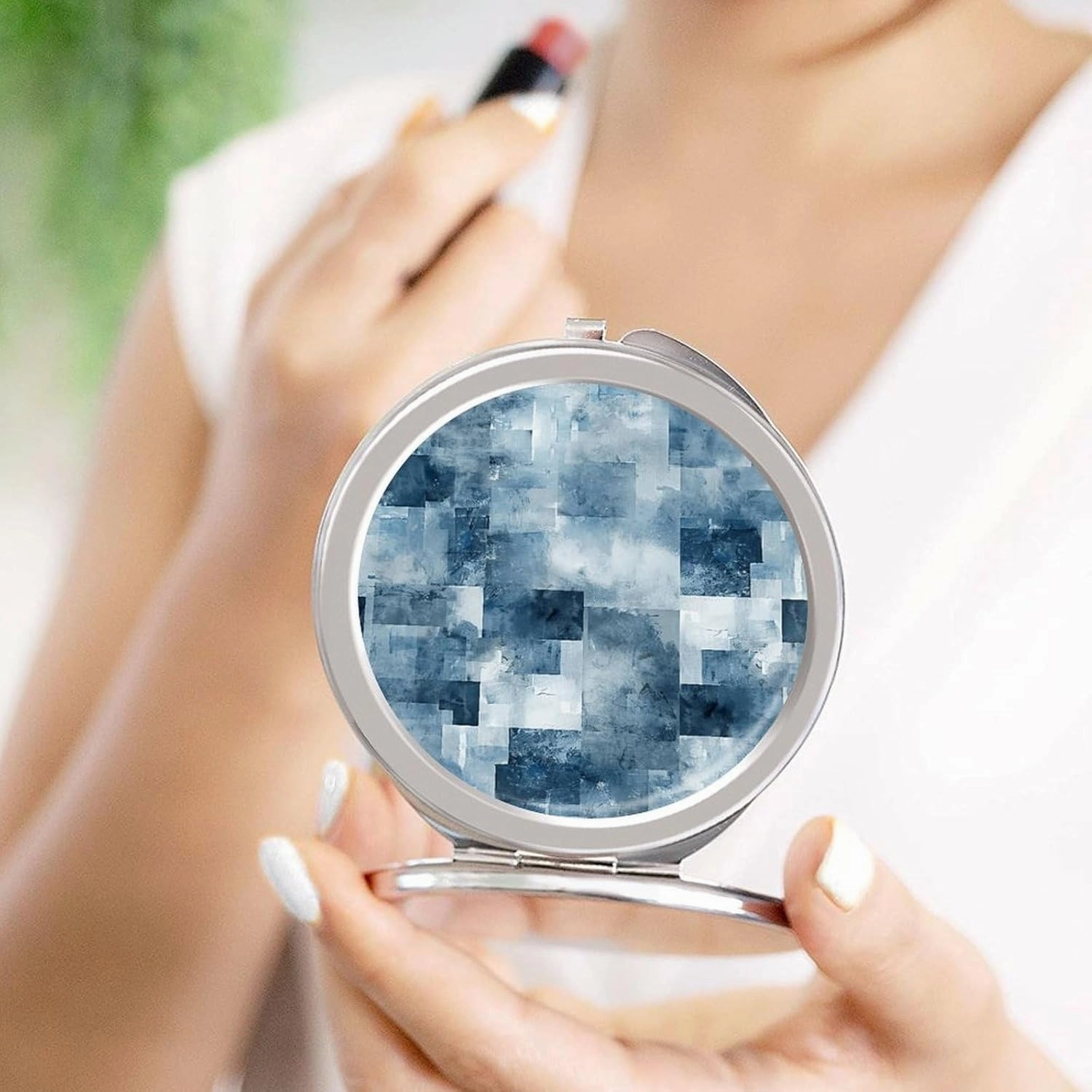 Travel Compact Makeup Mirror Cute Pocket Round Folding Mirror Indigo and Matt Gray Printed Portable 2 X 1x Magnification Makeup Mirror, Ideal for Handbag, Girls Gift
