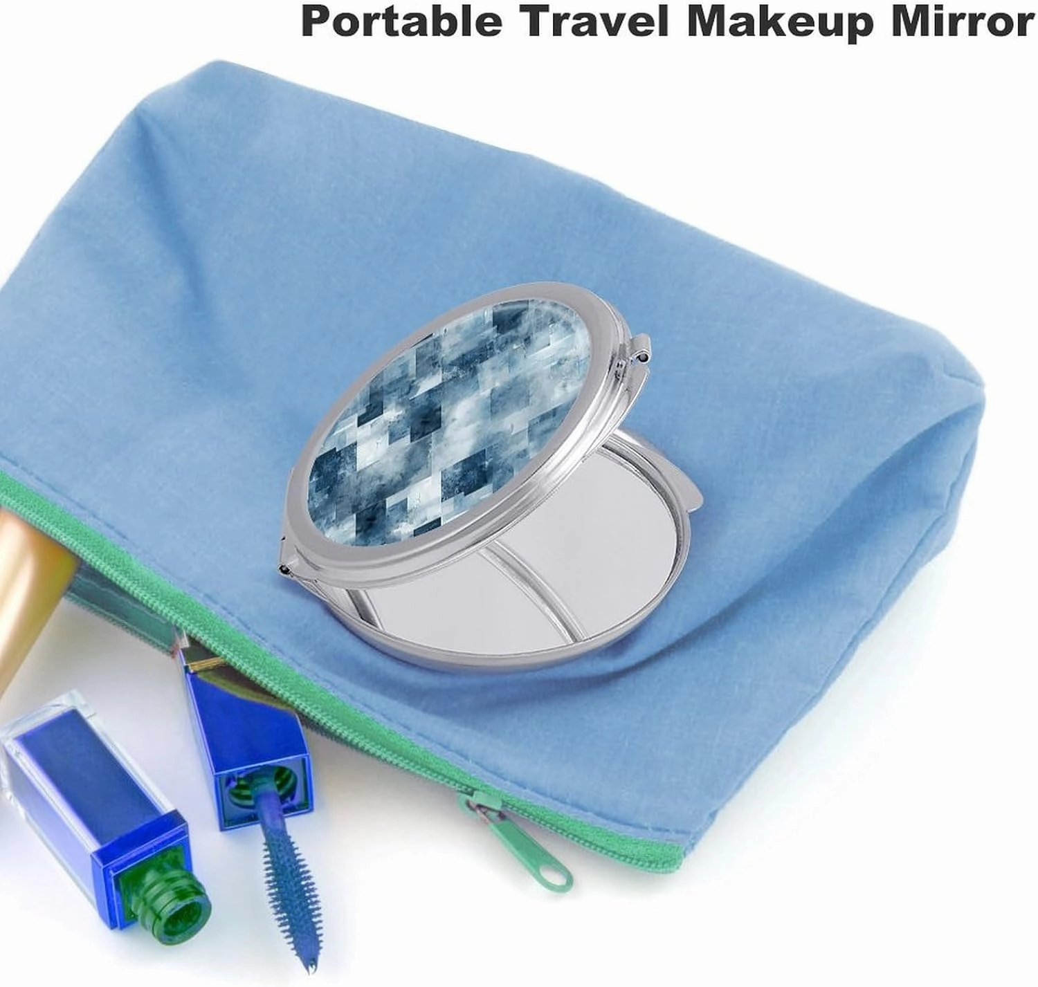 Travel Compact Makeup Mirror Cute Pocket Round Folding Mirror Indigo and Matt Gray Printed Portable 2 X 1x Magnification Makeup Mirror, Ideal for Handbag, Girls Gift