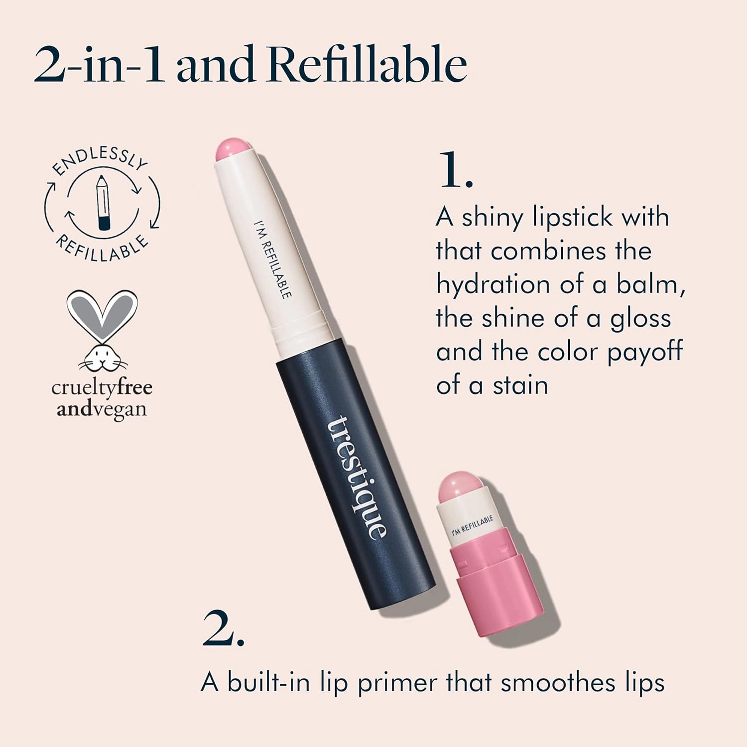 TRE'STIQUE Prime And Shine Lip Crayon, Refillable Shiny Lipstick With Built-in Lip Primer, Clean Beauty Makeup, Lipstick For Women, 2-in-1 Glossy and Primer