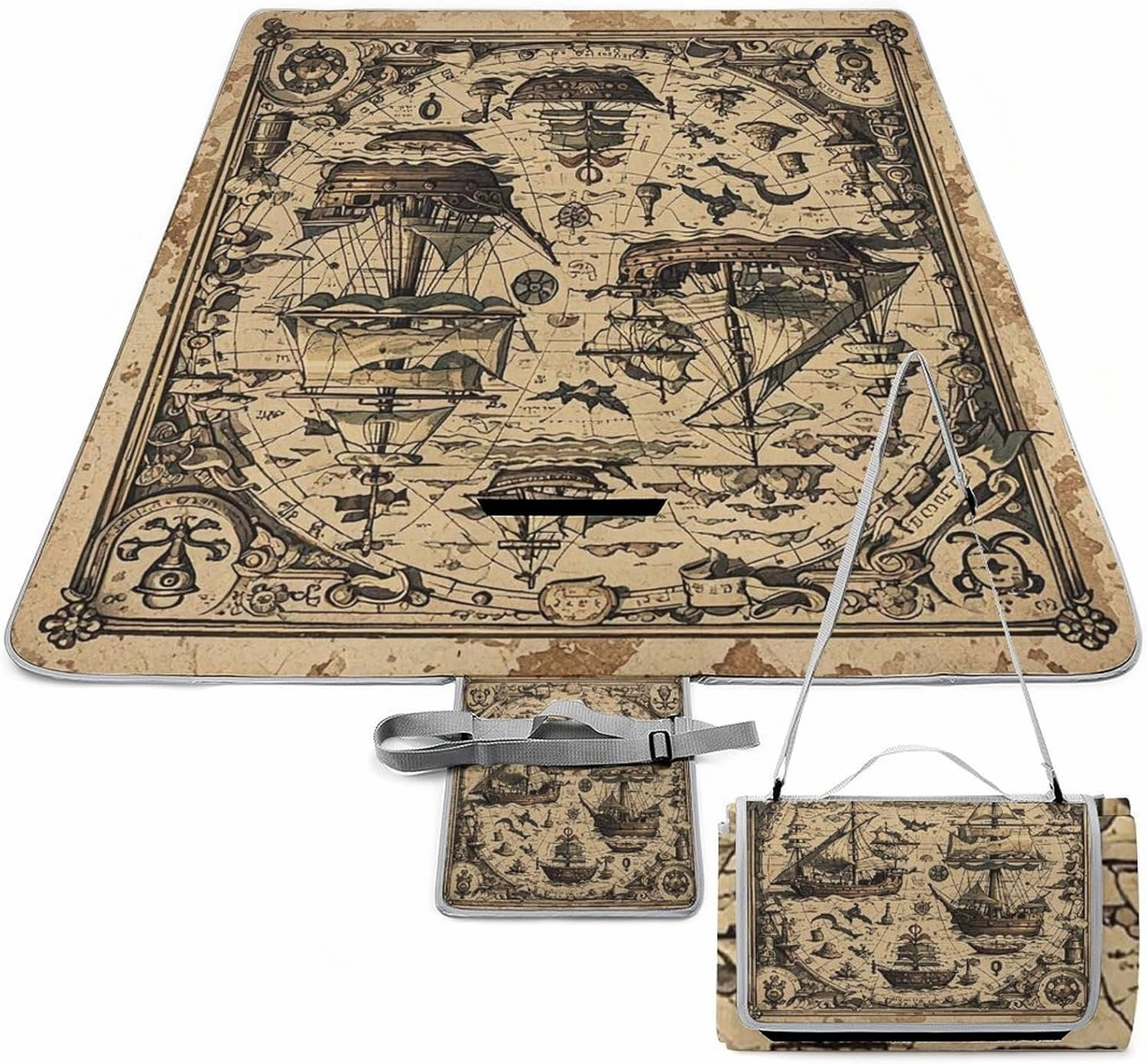Treasure Map Maritime Pirate Picnic Blanket Portable Outdoor Mat Waterproof Machine Washable Foldable Park Mat with Sandproof Backing for Grass, Hiking, Travel