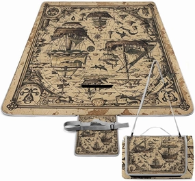 Treasure Map Maritime Pirate Picnic Blanket Portable Outdoor Mat Waterproof Machine Washable Foldable Park Mat with Sandproof Backing for Grass, Hiking, Travel
