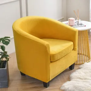 Tub Chair Slipcover,2-Pieces Stretchy Soft Velvet Barrel Club Chair Covers with Cushion Cover,Washable Armchair Sofa Cover Protector for Living Room Bar Counter Single Sofa (Dark Yellow)