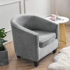Tub Chair Slipcover,2-Pieces Stretchy Soft Velvet Barrel Club Chair Covers with Cushion Cover,Washable Armchair Sofa Cover Protector for Living Room Bar Counter Single Sofa (Grey)