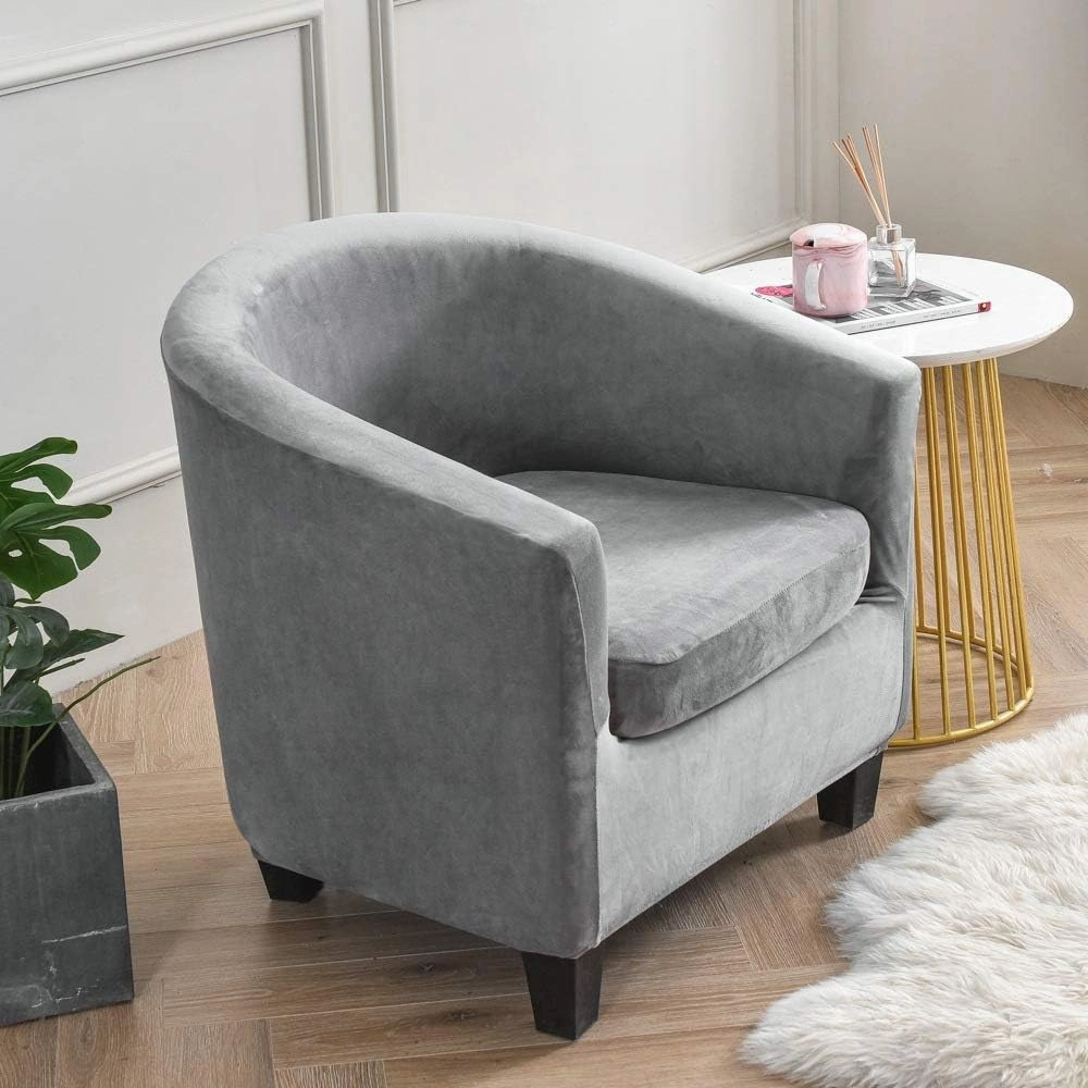 Tub Chair Slipcover,2-Pieces Stretchy Soft Velvet Barrel Club Chair Covers with Cushion Cover,Washable Armchair Sofa Cover Protector for Living Room Bar Counter Single Sofa (Grey)
