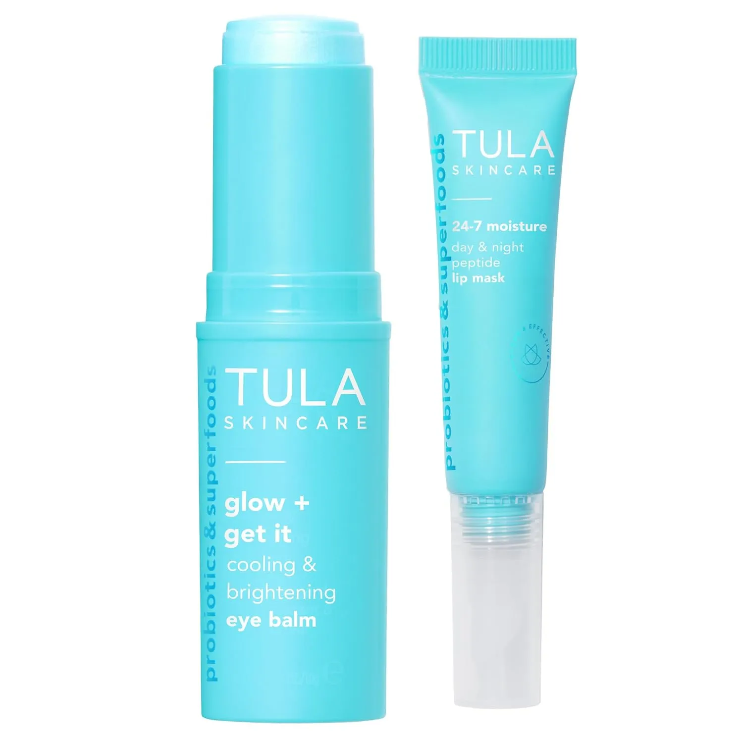 TULA Skin Care Drenched in Hydration - 24-7 Moisture Day & Night Peptide Lip Mask 0.28oz & Glow   Get It Cooling & Brightening Eye Balm 0.35 oz, Full-Size, 2 Piece Duo