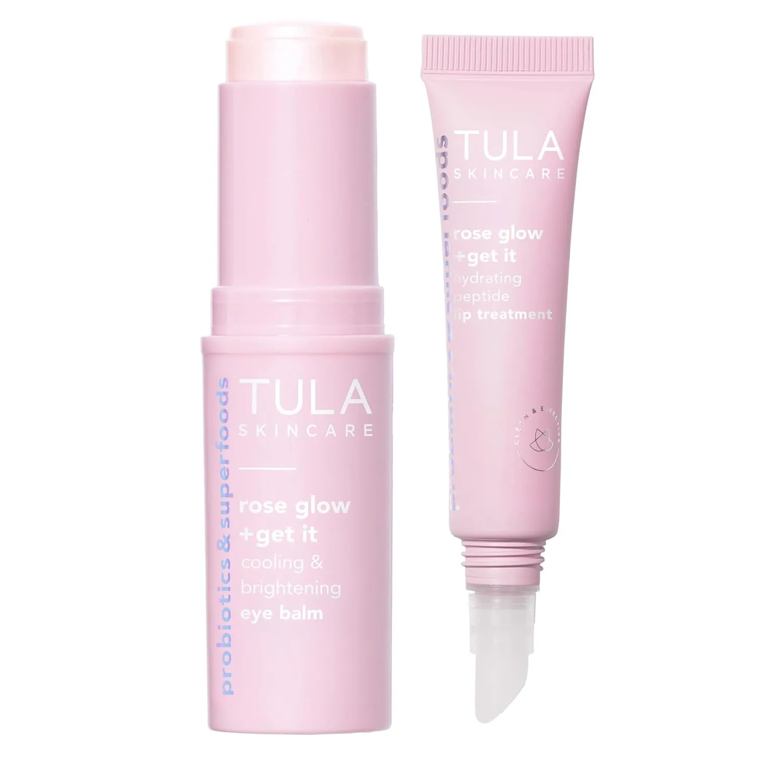 TULA Skin Care Wrapped in Radiance - Rose Glow   Get It Hydrating Peptide Lip Treatment Balm 0.28oz & Cooling & Brightening Eye Balm 0.35 oz, Full-Size, 2 Piece Duo