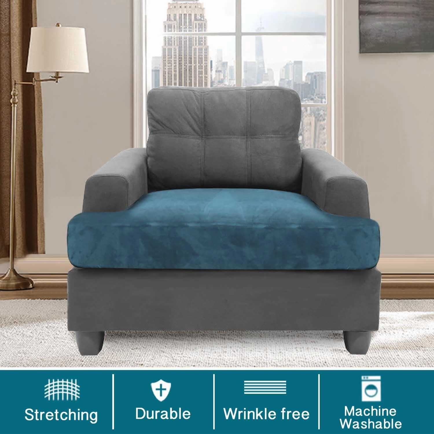 Turquoize Velvet T Cushion Chair Slipcover T Cushion Covers for Living Room Armchair Sofa Cover T Shape Cuchion Slipcover Chair Seat Covers with Elastic Bands, (1 T-Cushion, Peacock Blue)