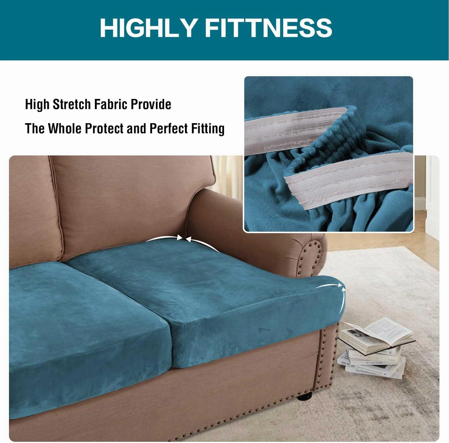 Turquoize Velvet T Cushion Chair Slipcover T Cushion Covers for Living Room Armchair Sofa Cover T Shape Cuchion Slipcover Chair Seat Covers with Elastic Bands, (1 T-Cushion, Peacock Blue)