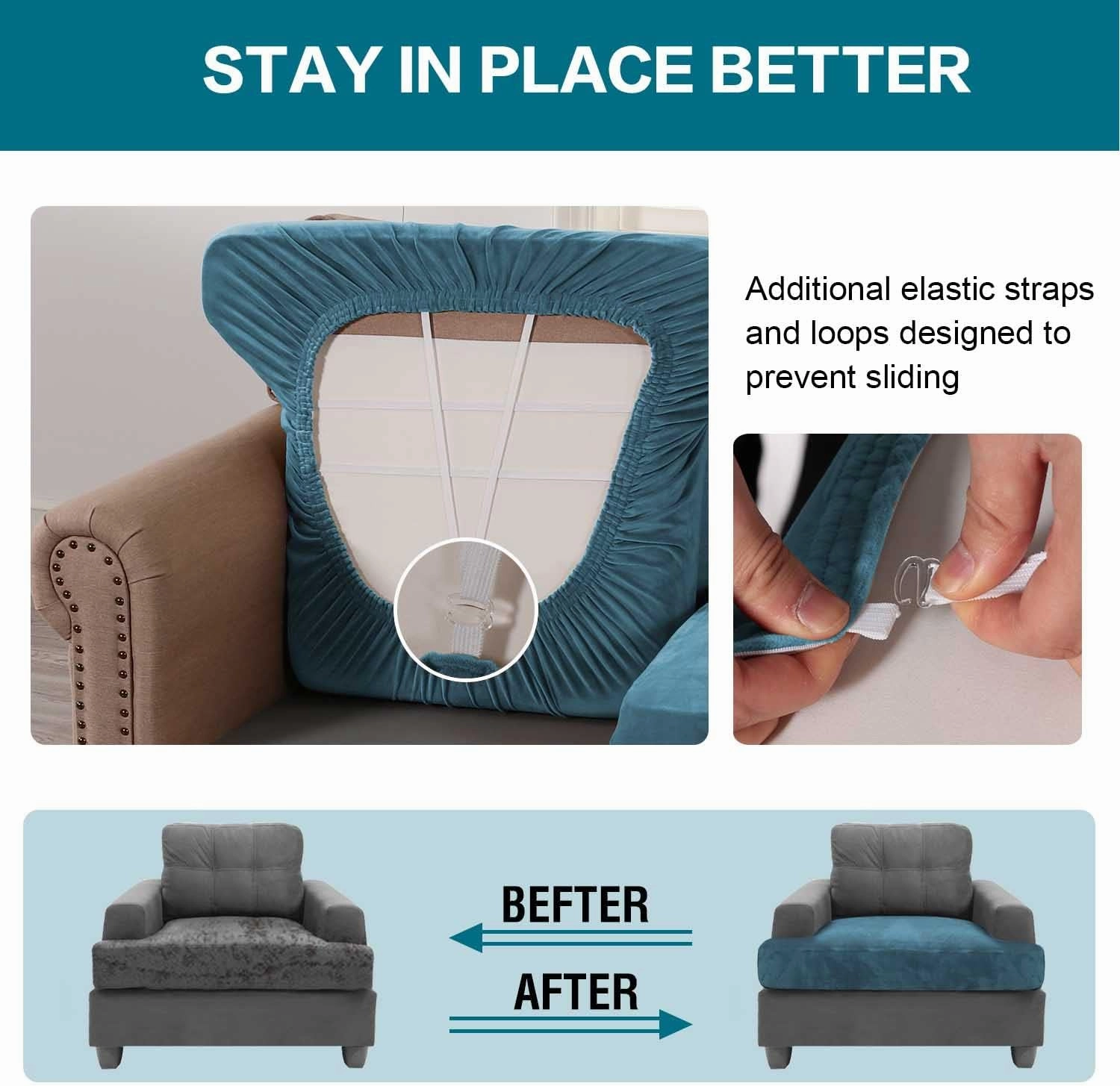 Turquoize Velvet T Cushion Chair Slipcover T Cushion Covers for Living Room Armchair Sofa Cover T Shape Cuchion Slipcover Chair Seat Covers with Elastic Bands, (1 T-Cushion, Peacock Blue)