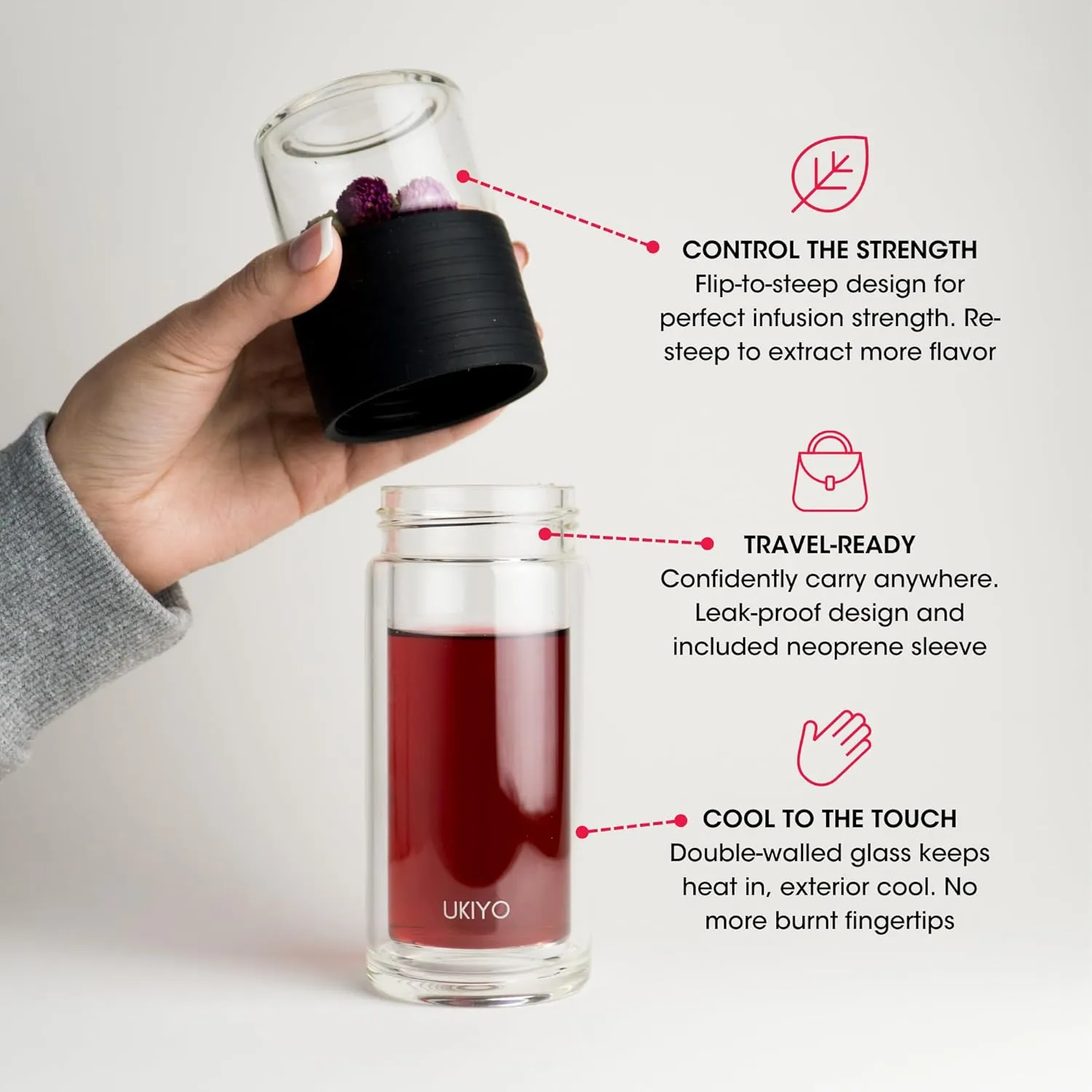 Ukiyo Sense Premium Double-Wall Glass Tea & Fruit Infuser Bottle - Travel Tumbler with Stainless Steel Filter and Neoprene Sleeve
