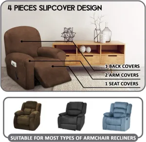 ULTICOR 4-Piece, 1 Seat Recliner Cover, Velvet Stretch Reclining Chair Covers for 1 Cushion Reclining Sofa, Single Seat Recliner Couch Cover, Thick, Very Soft, Machine Washable (Chocolate)