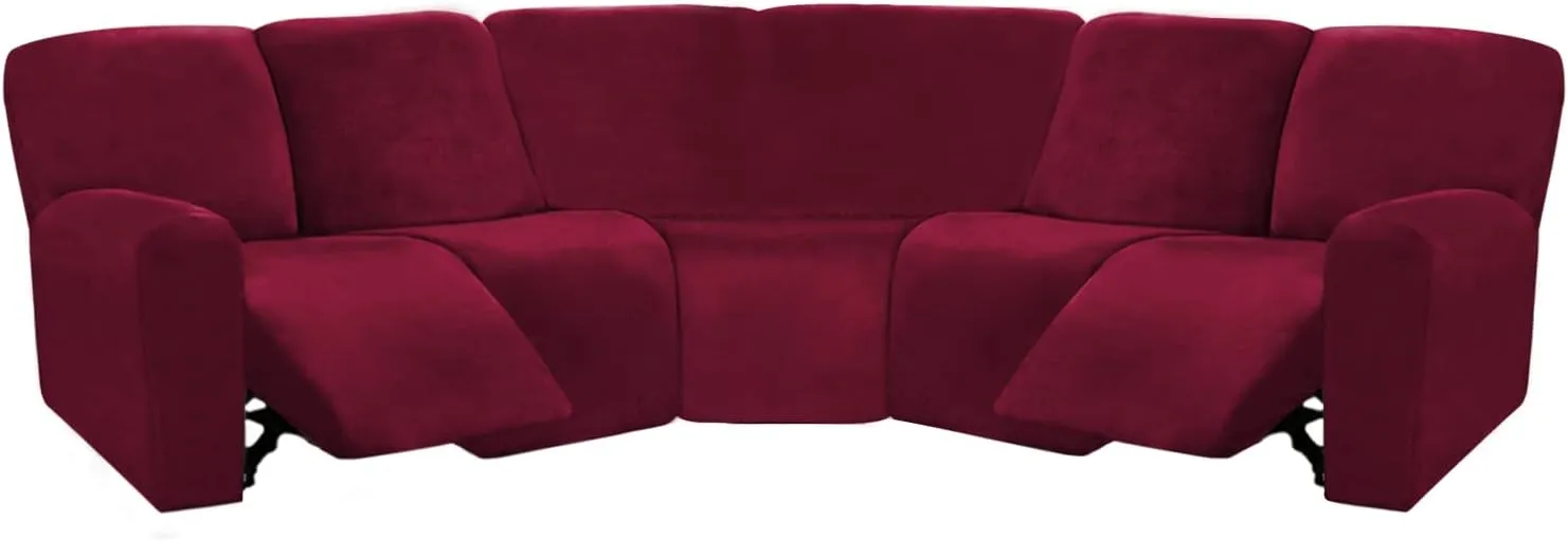 ULTICOR 7-Piece L Shape Sectional Recliner Sofa Covers, Velvet Stretch Reclining Couch Covers for Reclining L Shape Sofa, Thick, Soft, Washable (Burgundy - Wine, L Shape 5 Seat Recliner Cover)
