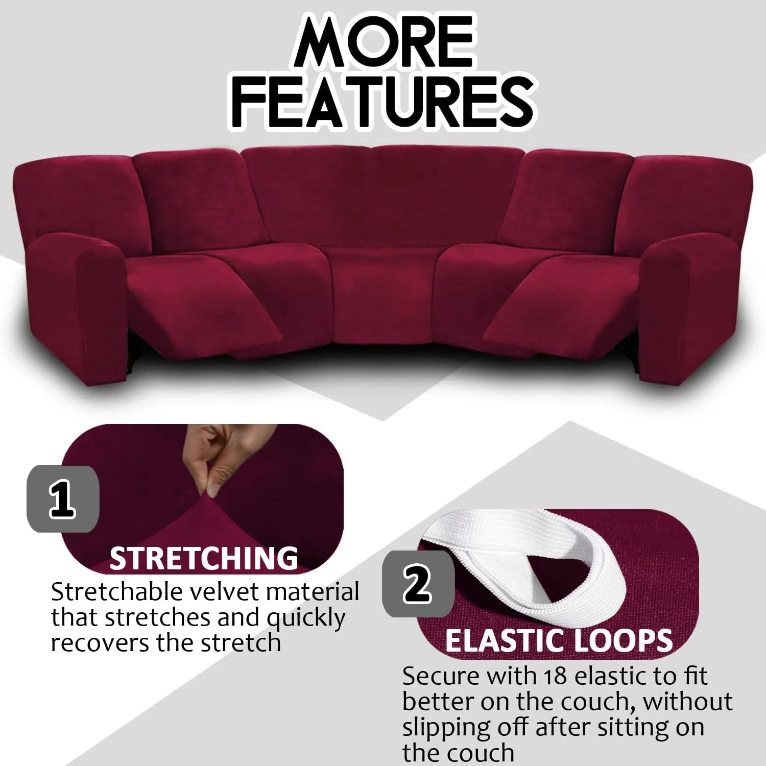 ULTICOR 7-Piece L Shape Sectional Recliner Sofa Covers, Velvet Stretch Reclining Couch Covers for Reclining L Shape Sofa, Thick, Soft, Washable (Burgundy - Wine, L Shape 5 Seat Recliner Cover)