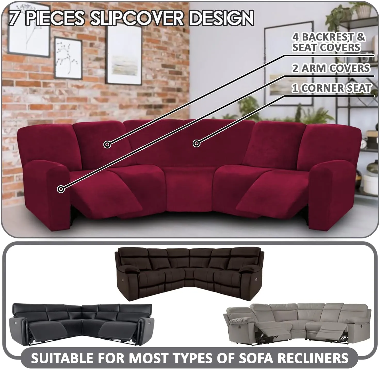 ULTICOR 7-Piece L Shape Sectional Recliner Sofa Covers, Velvet Stretch Reclining Couch Covers for Reclining L Shape Sofa, Thick, Soft, Washable (Burgundy - Wine, L Shape 5 Seat Recliner Cover)