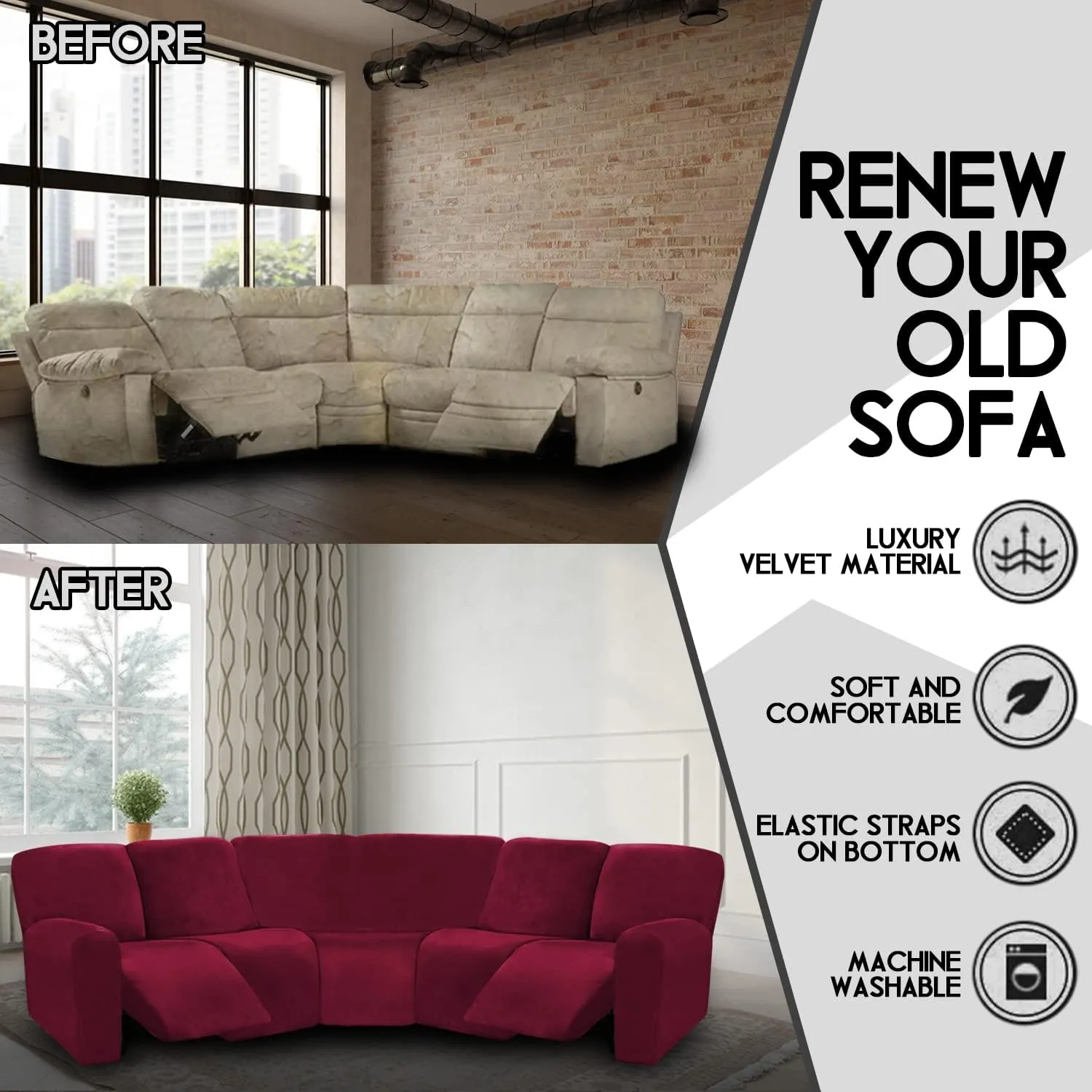 ULTICOR 7-Piece L Shape Sectional Recliner Sofa Covers, Velvet Stretch Reclining Couch Covers for Reclining L Shape Sofa, Thick, Soft, Washable (Burgundy - Wine, L Shape 5 Seat Recliner Cover)