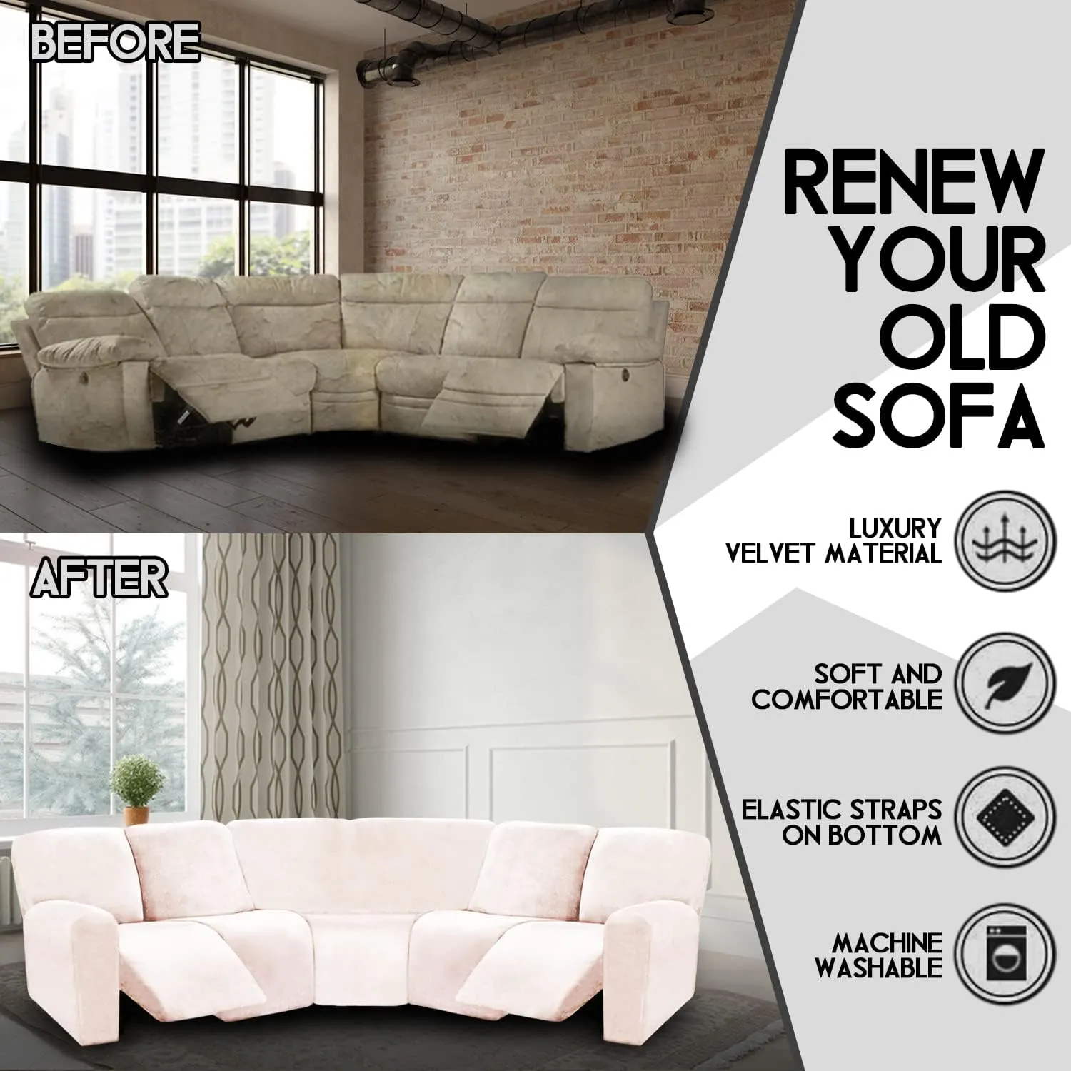 ULTICOR 7-Piece Sectional Recliner Sofa Covers, Velvet Stretch Reclining Couch Covers for Reclining Sofa, Thick, Soft, Washable (Ivory, L Shape 5 Seat Recliner Cover)