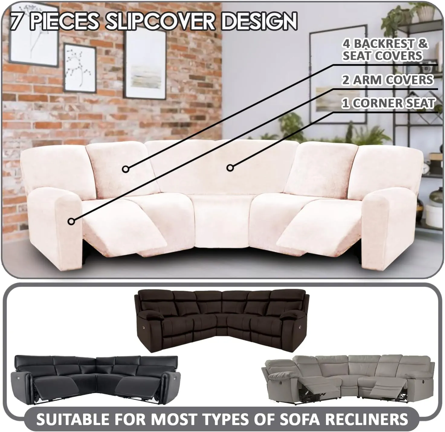 ULTICOR 7-Piece Sectional Recliner Sofa Covers, Velvet Stretch Reclining Couch Covers for Reclining Sofa, Thick, Soft, Washable (Ivory, L Shape 5 Seat Recliner Cover)