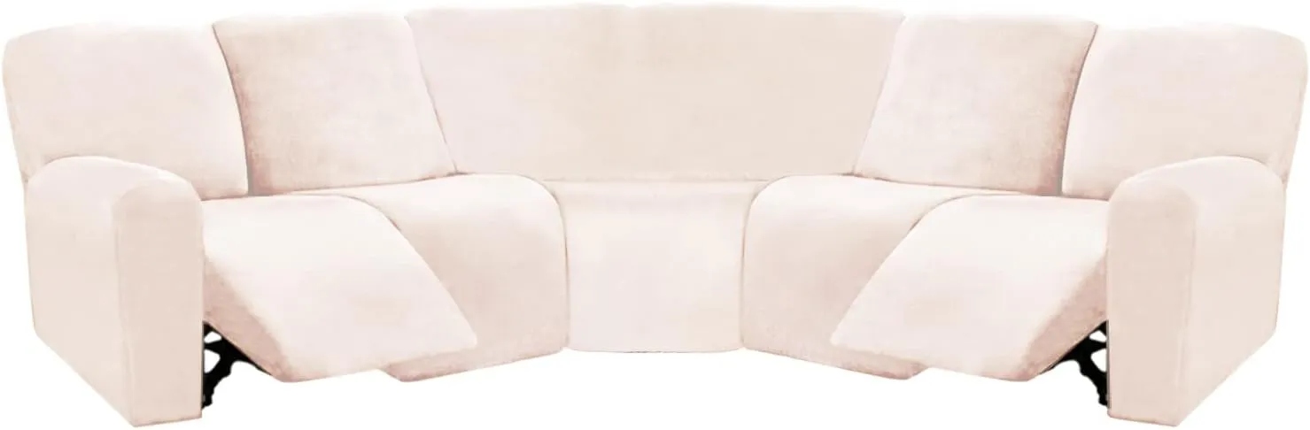 ULTICOR 7-Piece Sectional Recliner Sofa Covers, Velvet Stretch Reclining Couch Covers for Reclining Sofa, Thick, Soft, Washable (Ivory, L Shape 5 Seat Recliner Cover)